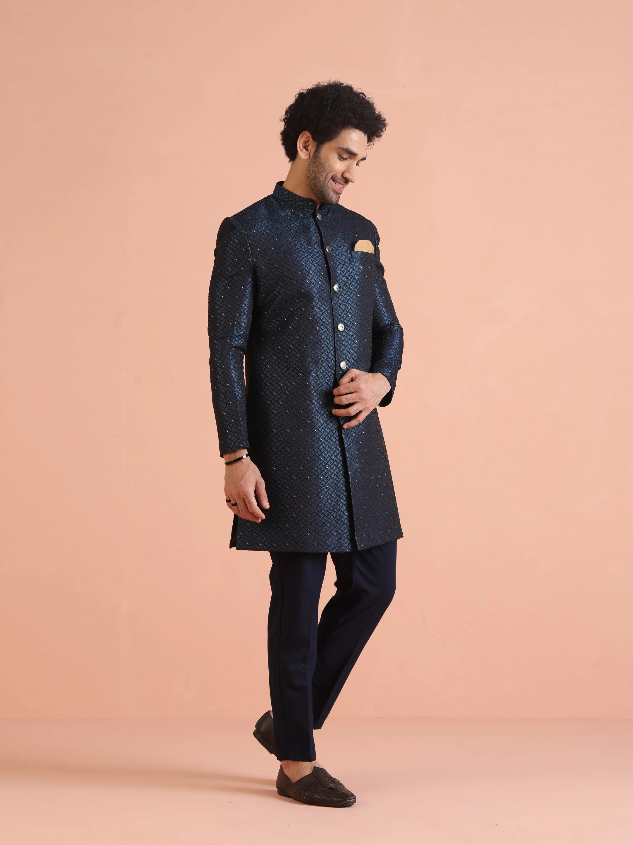Navy Blue Textured Sherwani Trouser Set - Image 13