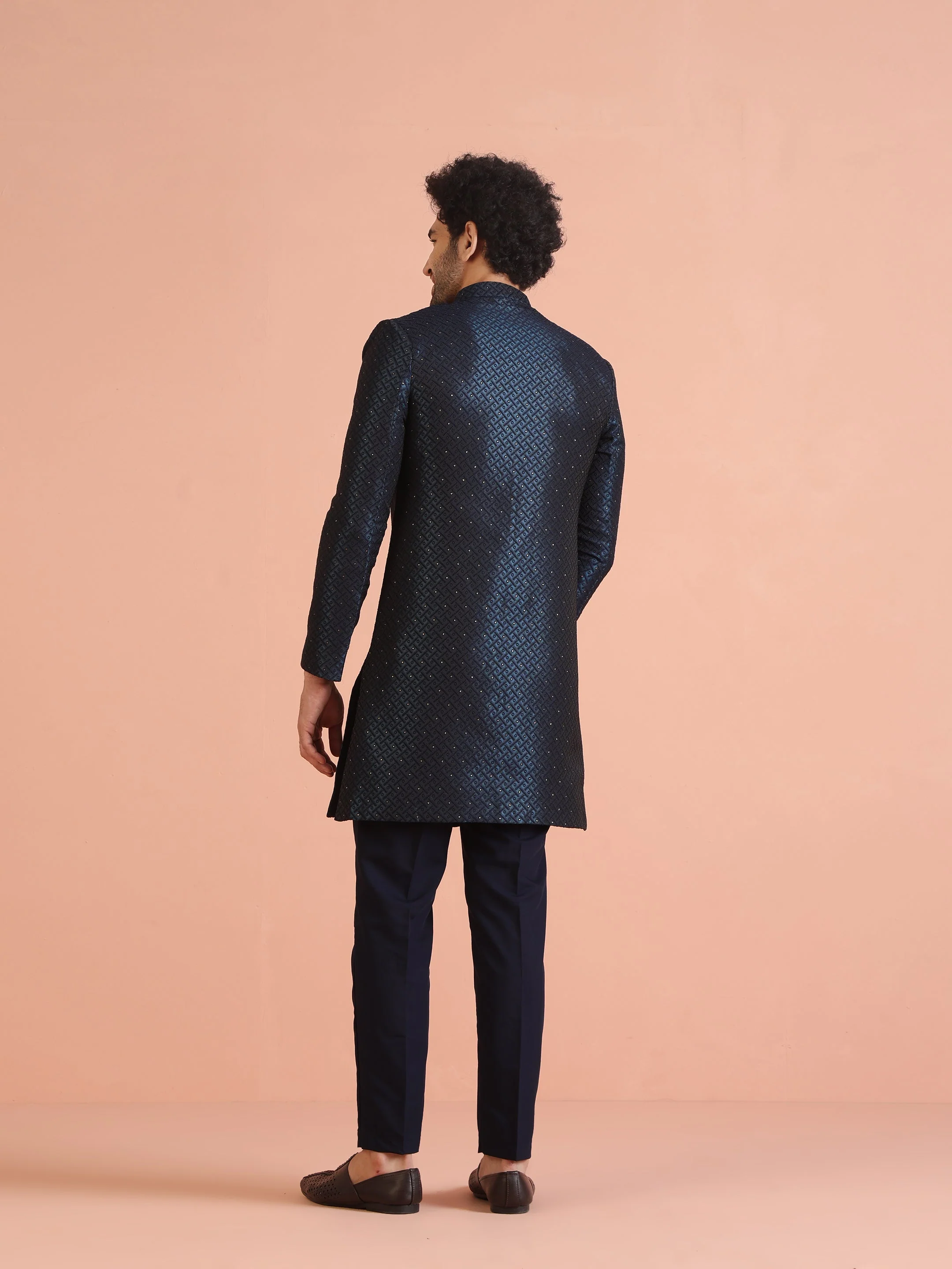 Navy Blue Textured Sherwani Trouser Set - Image 22
