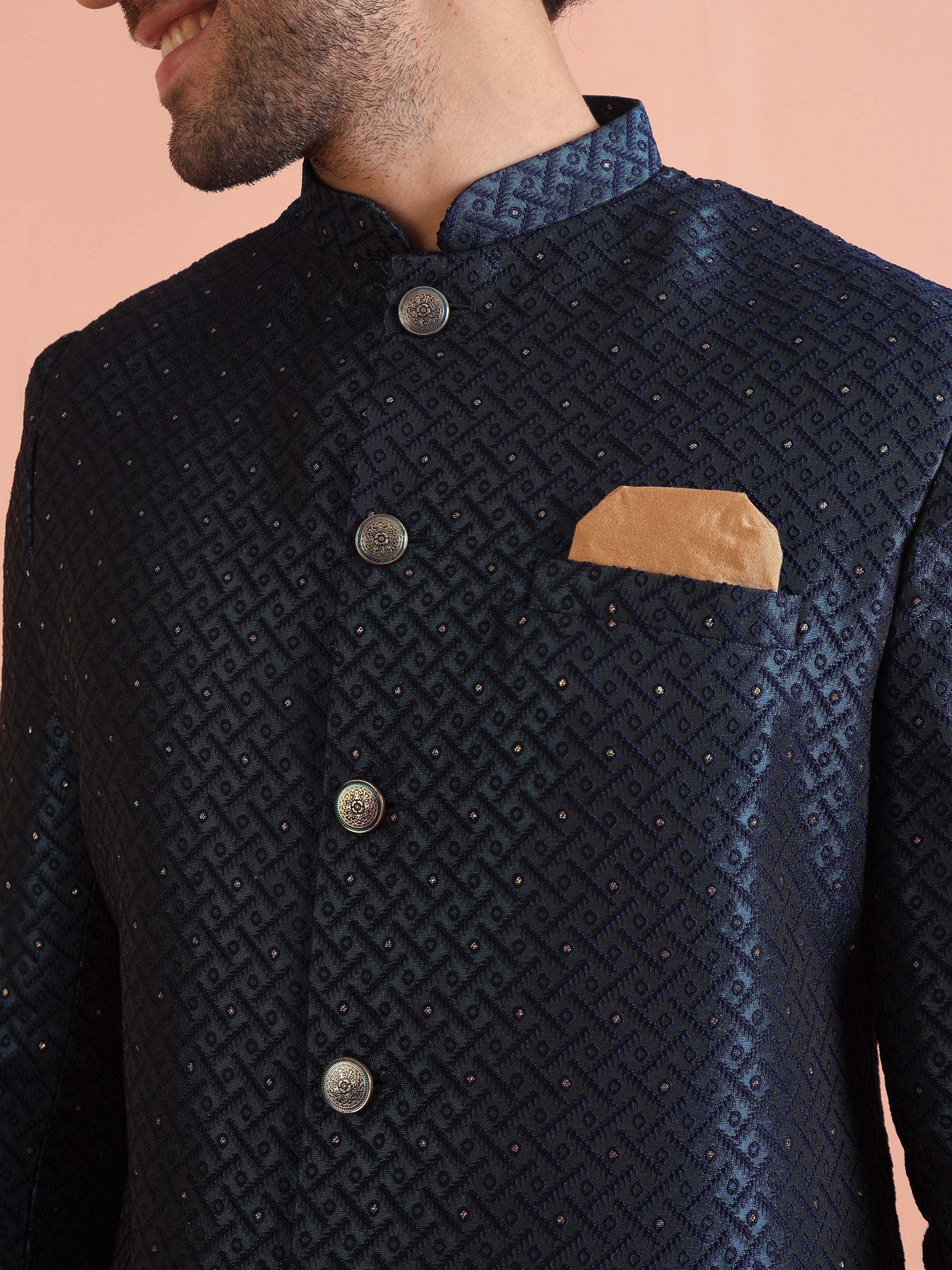 Navy Blue Textured Sherwani Trouser Set - Image 23