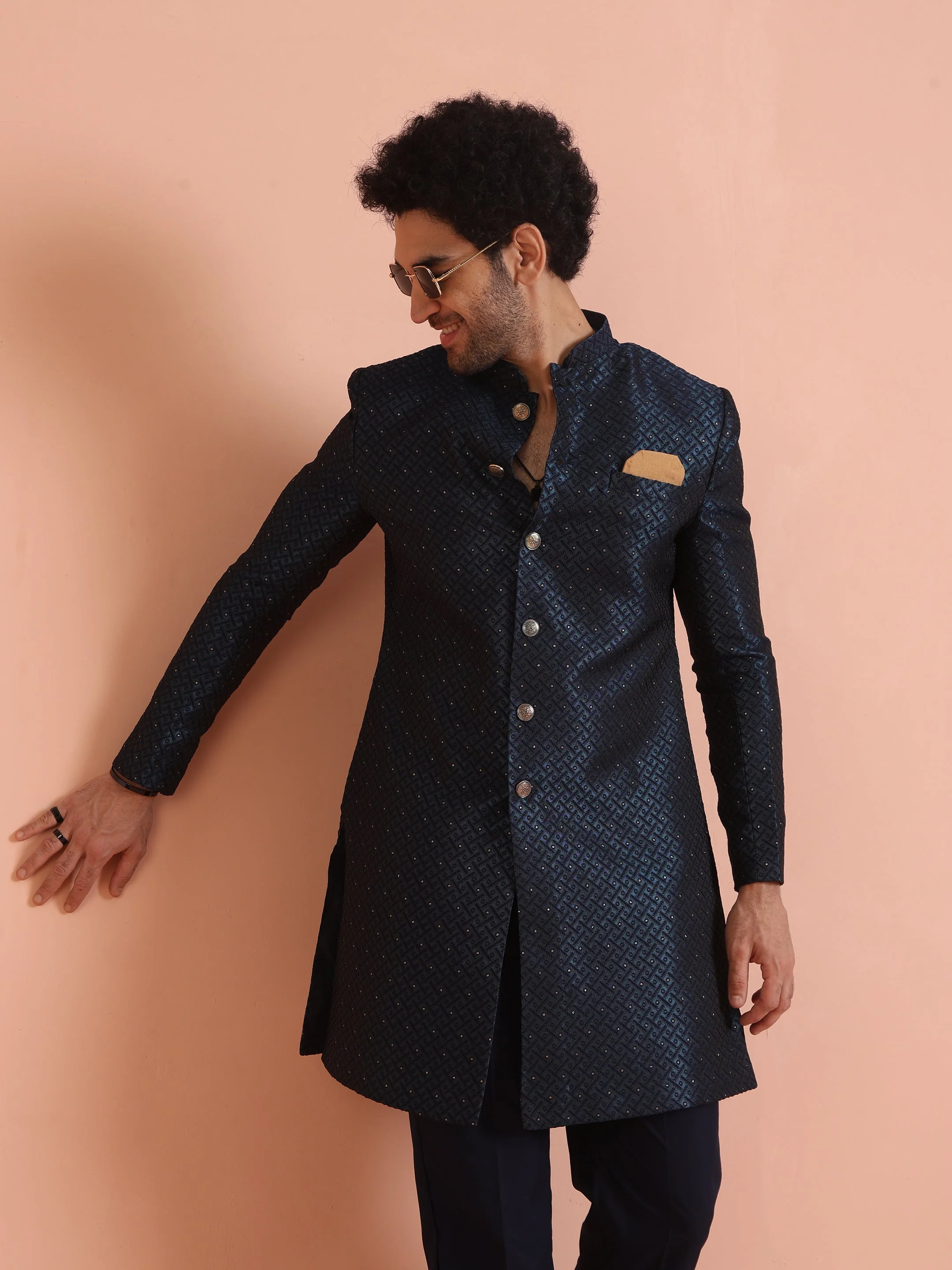Navy Blue Textured Sherwani Trouser Set - Image 24