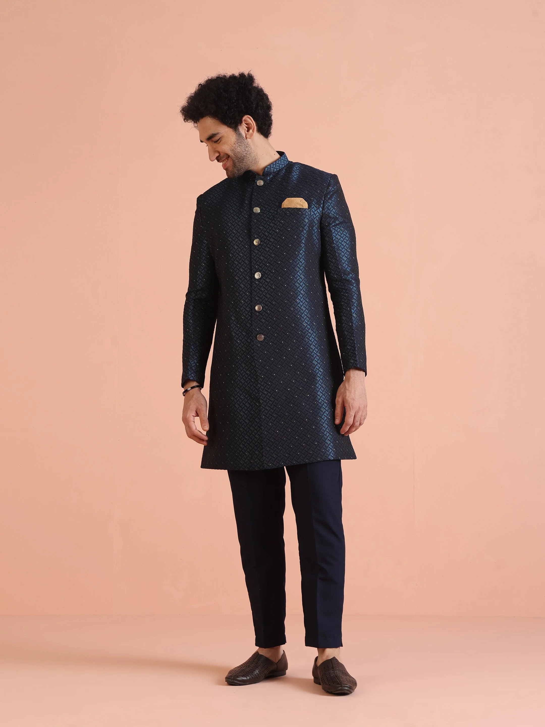 Navy Blue Textured Sherwani Trouser Set - Image 25