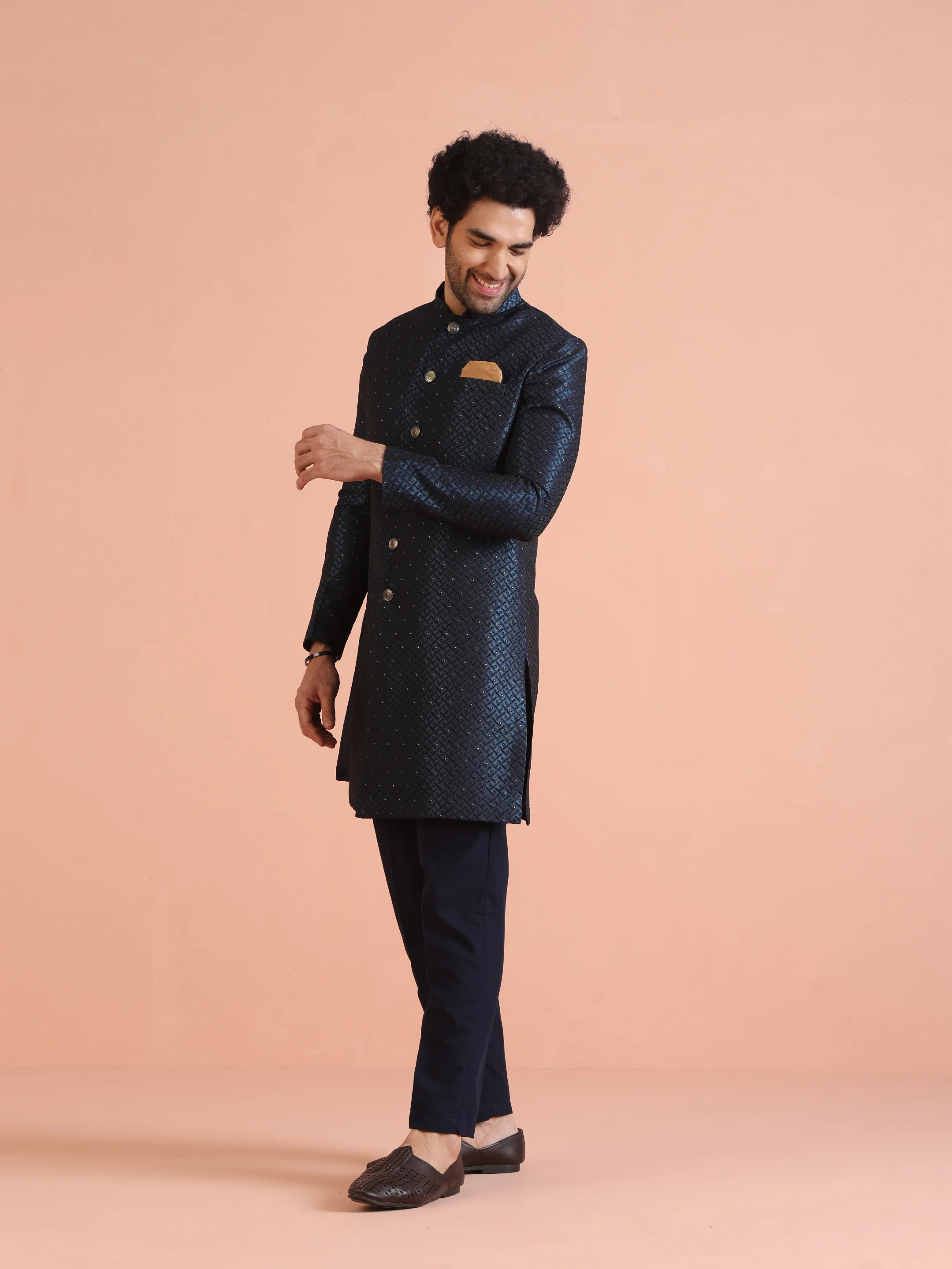 Navy Blue Textured Sherwani Trouser Set - Image 3