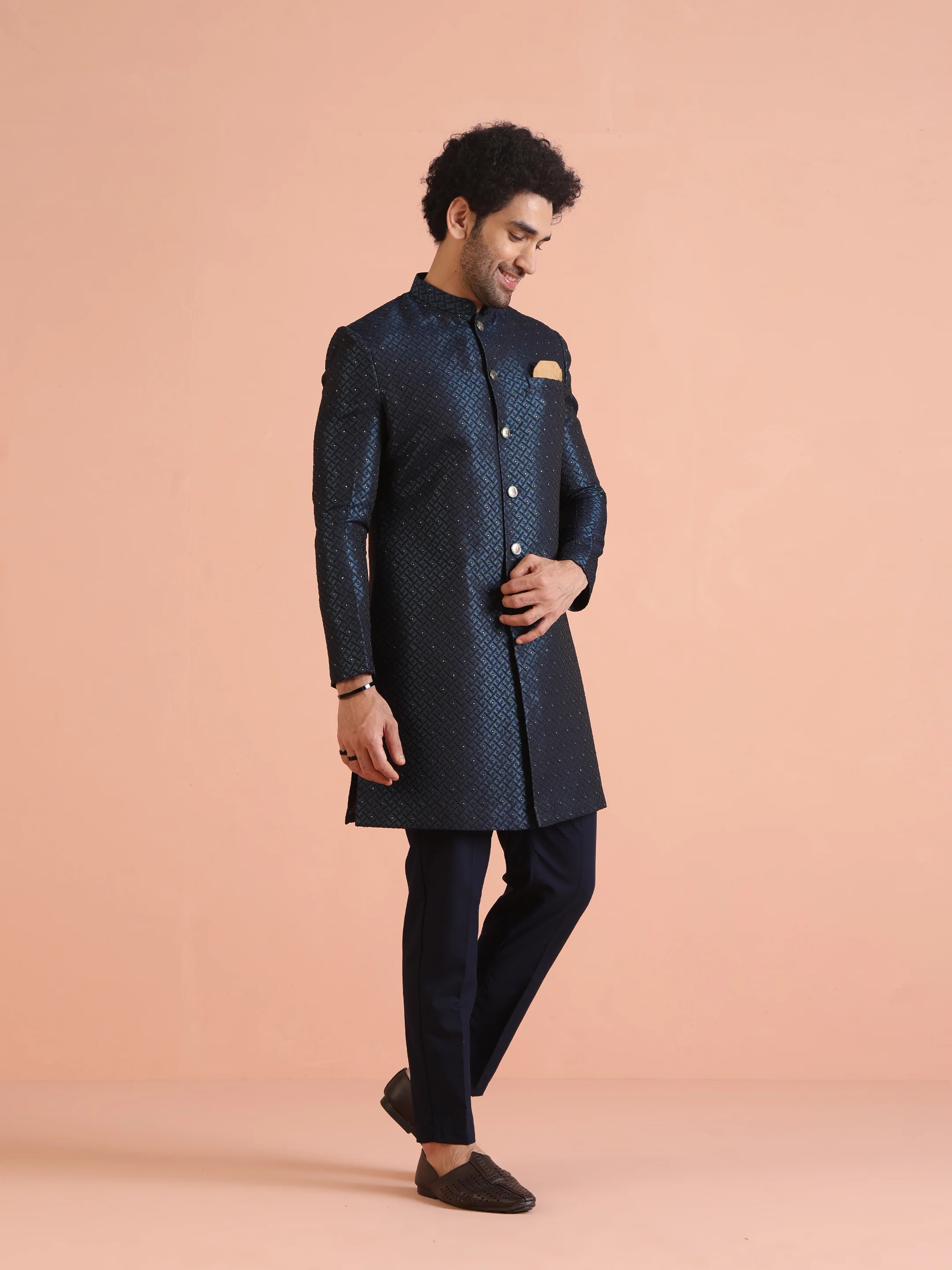 Navy Blue Textured Sherwani Trouser Set - Image 4