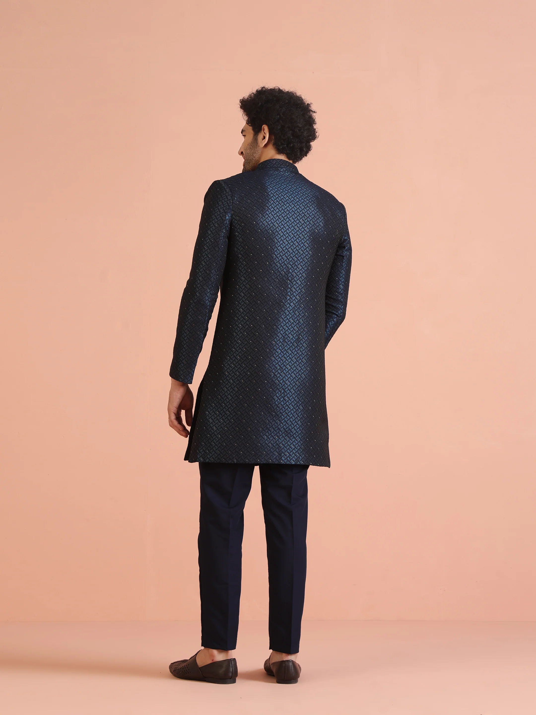 Navy Blue Textured Sherwani Trouser Set - Image 5