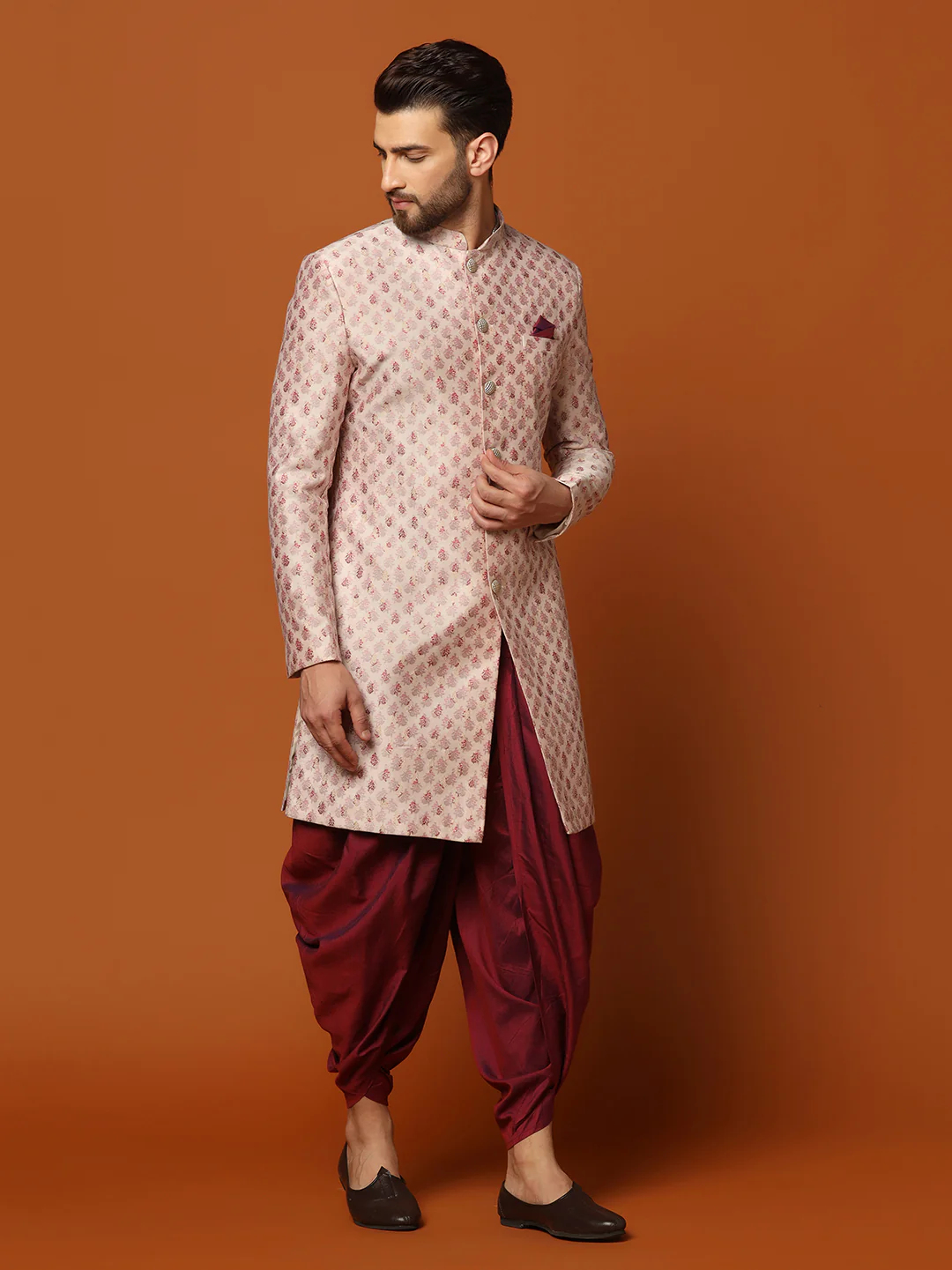 Cream Jacquard Indo-Western Sherwani with Dhoti - Image 3