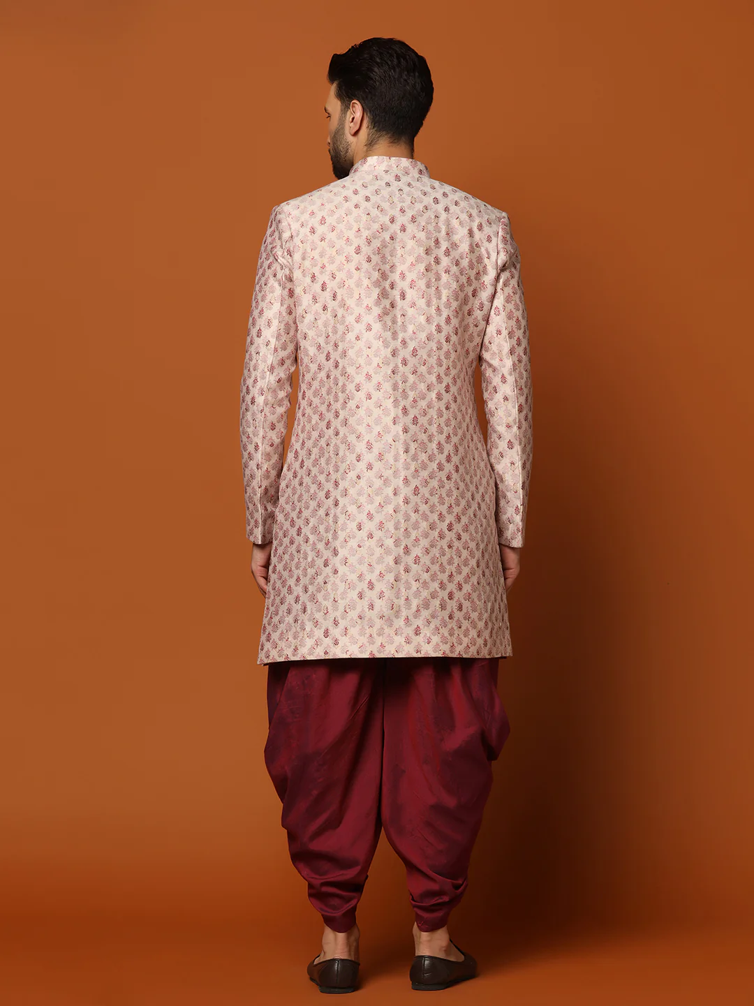 Cream Jacquard Indo-Western Sherwani with Dhoti - Image 4