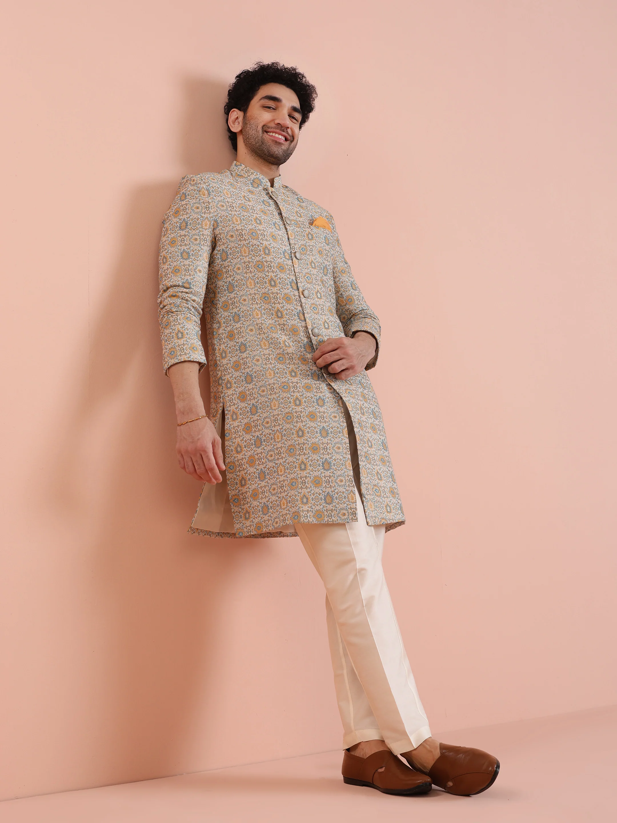 Men Multi Coloured Textured Indowestern Trouser Set - Image 7