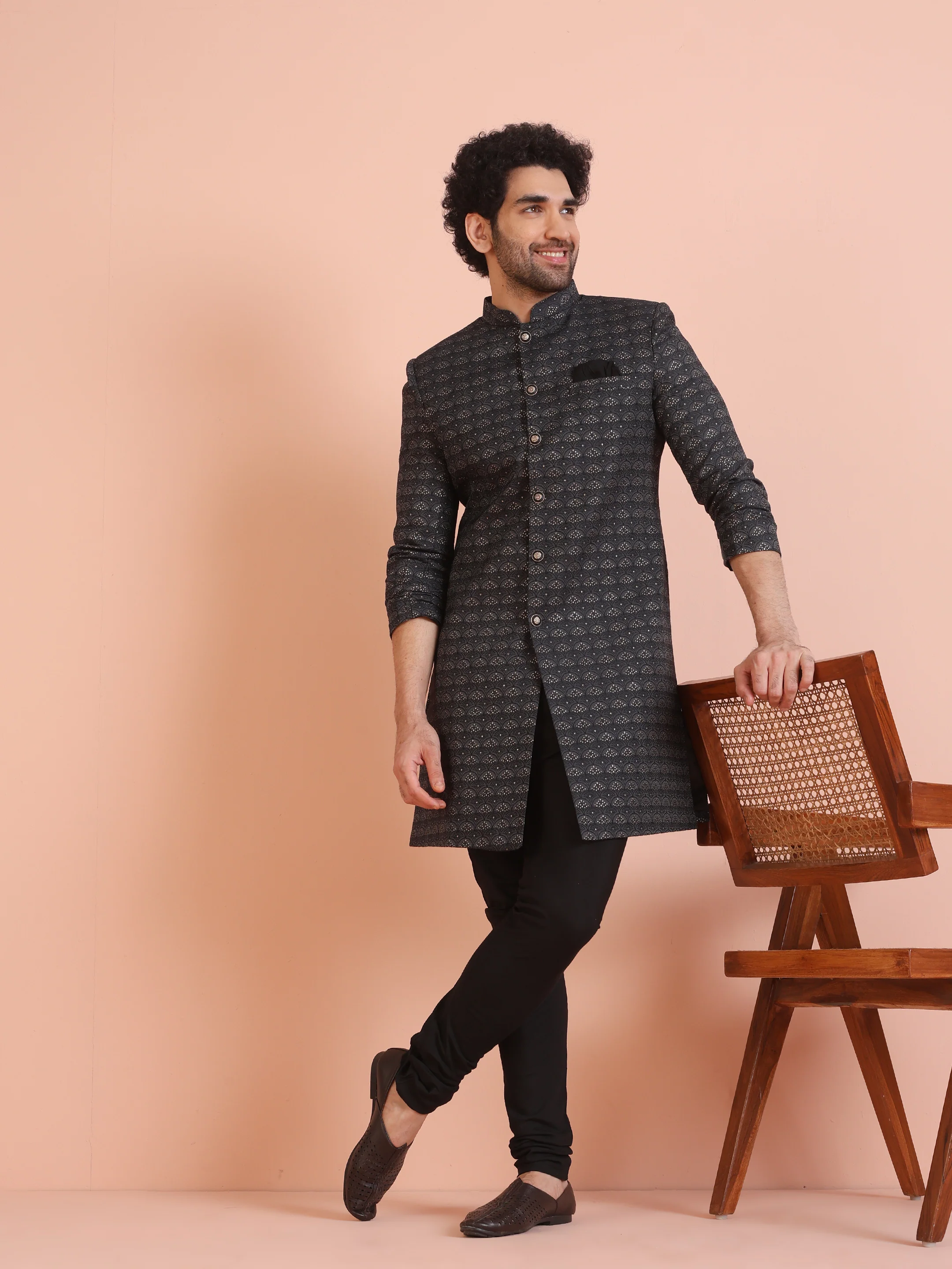 Men Black Jacquard Geometric Indowestern Churidar Set