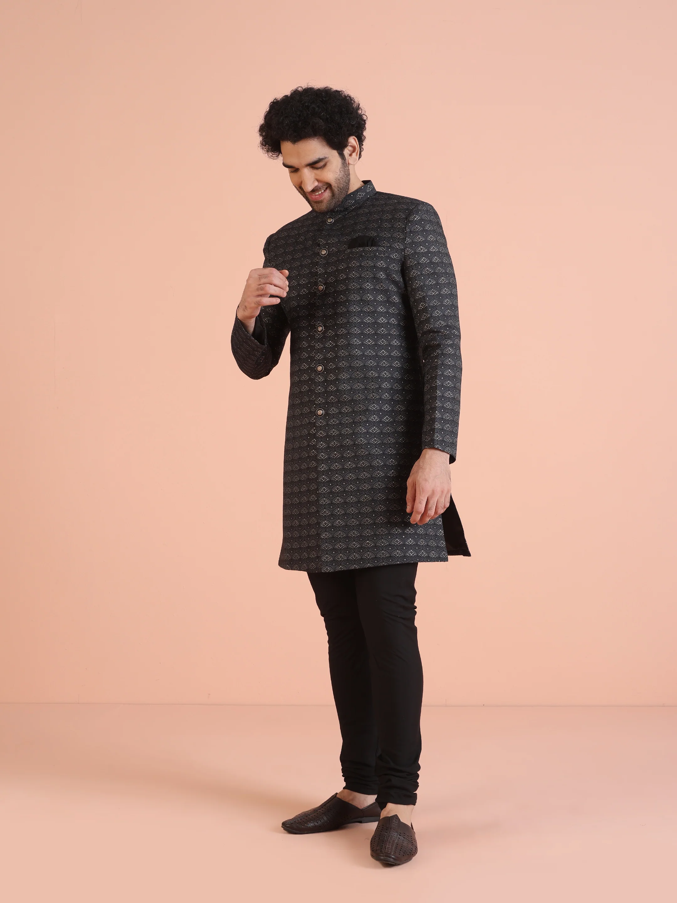 Men Black Jacquard Geometric Indowestern Churidar Set - Image 3