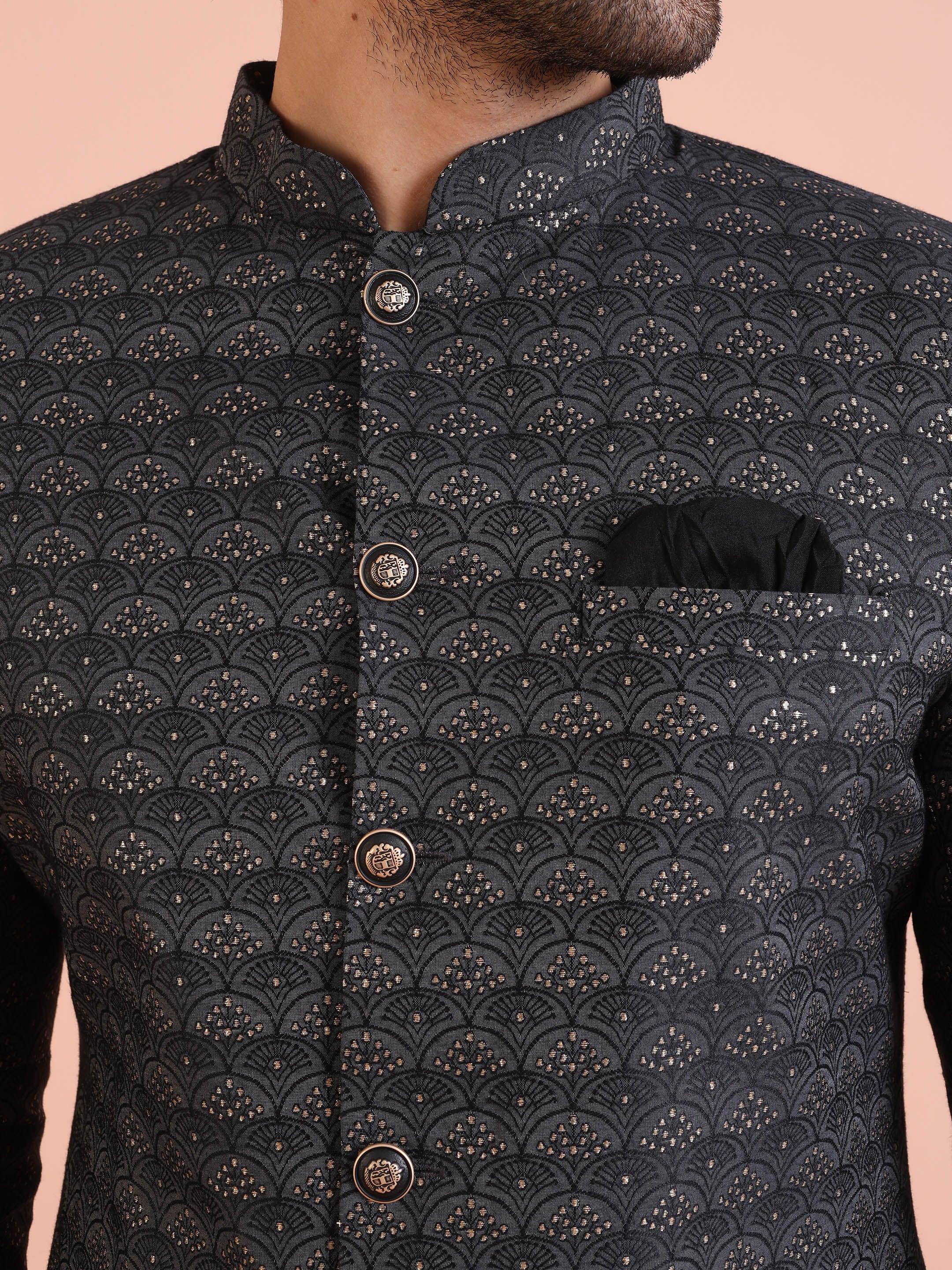 Men Black Jacquard Geometric Indowestern Churidar Set - Image 5