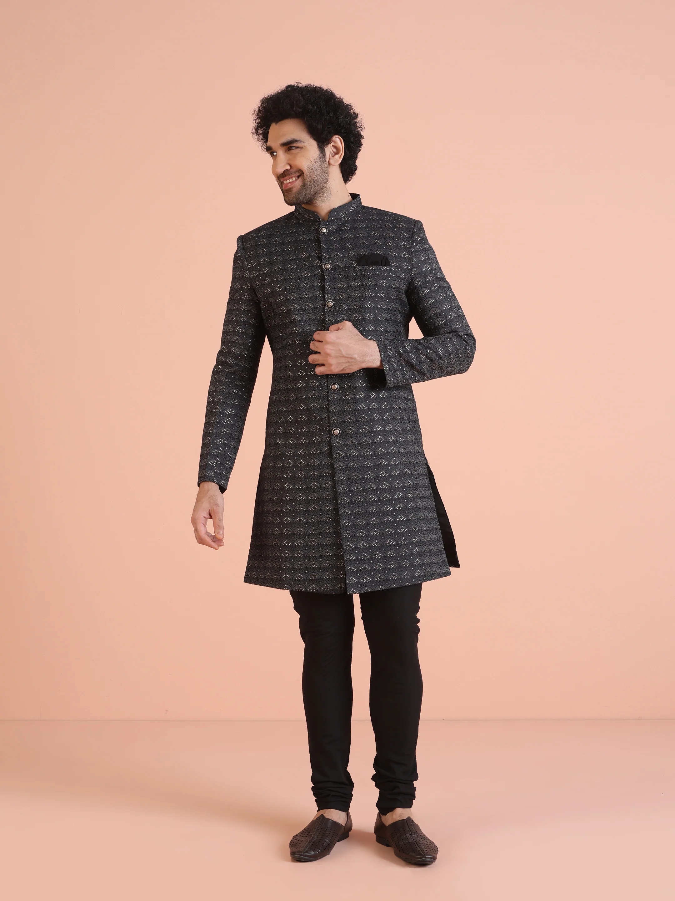 Men Black Jacquard Geometric Indowestern Churidar Set - Image 7