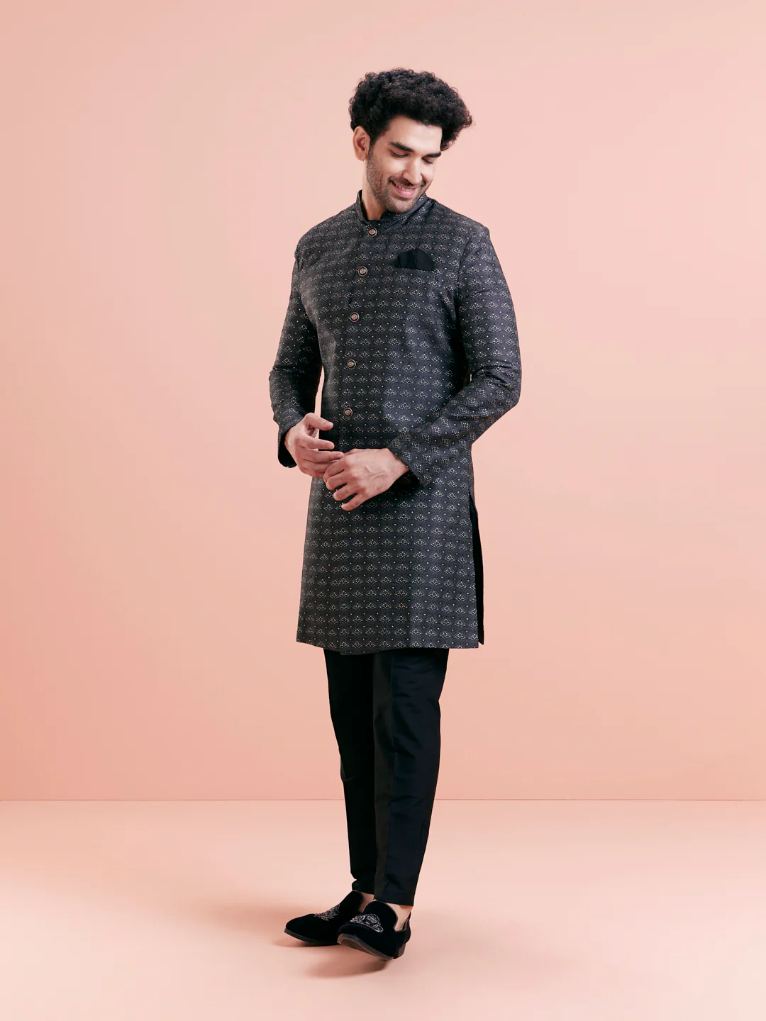 Black Cotton Silk Embellished Indowestern Kurta Trouser Set