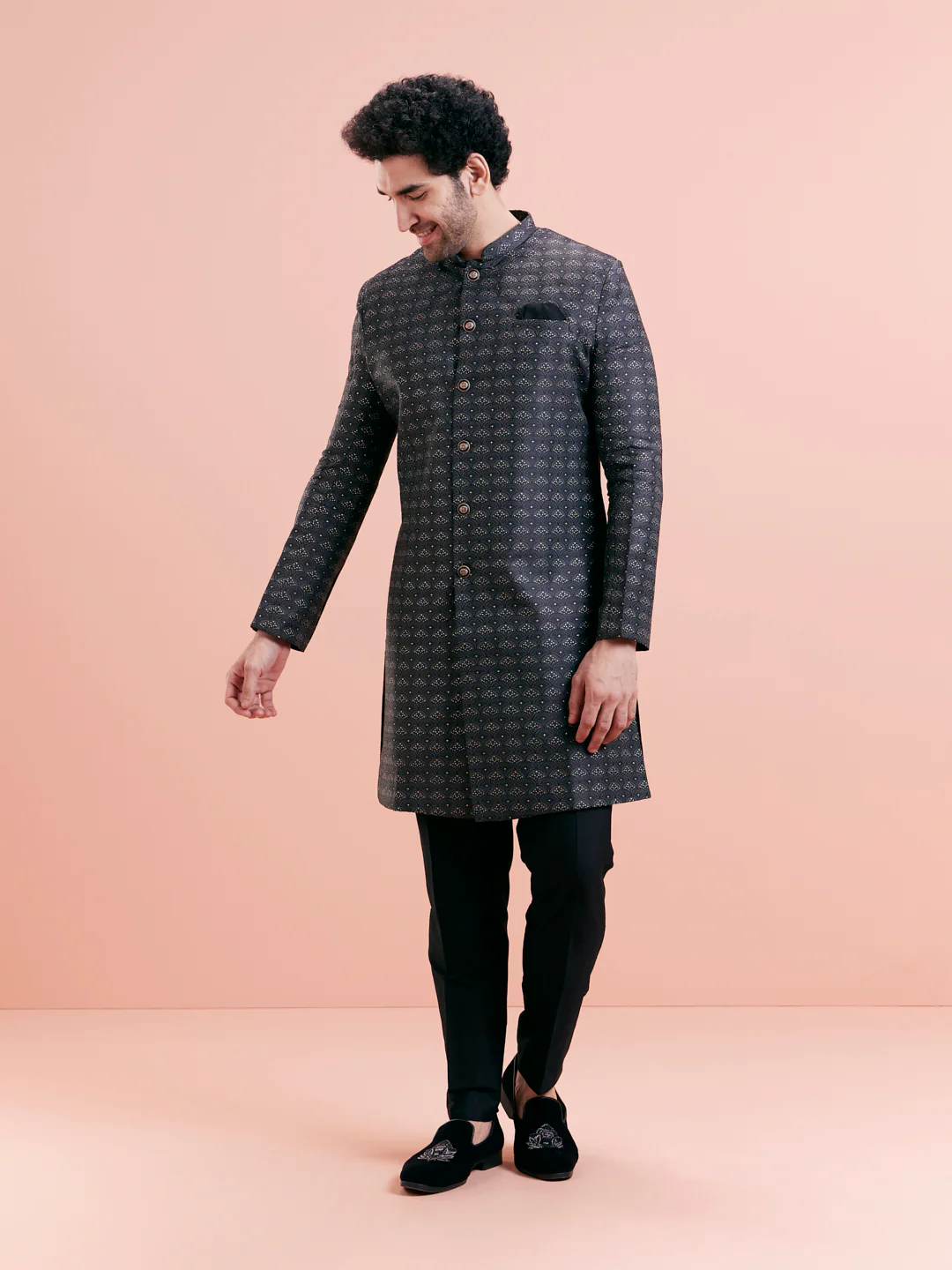 Black Cotton Silk Embellished Indowestern Kurta Trouser Set - Image 2