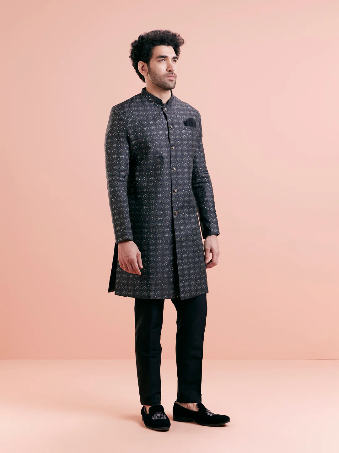 Black Cotton Silk Embellished Indowestern Kurta Trouser Set - Image 3