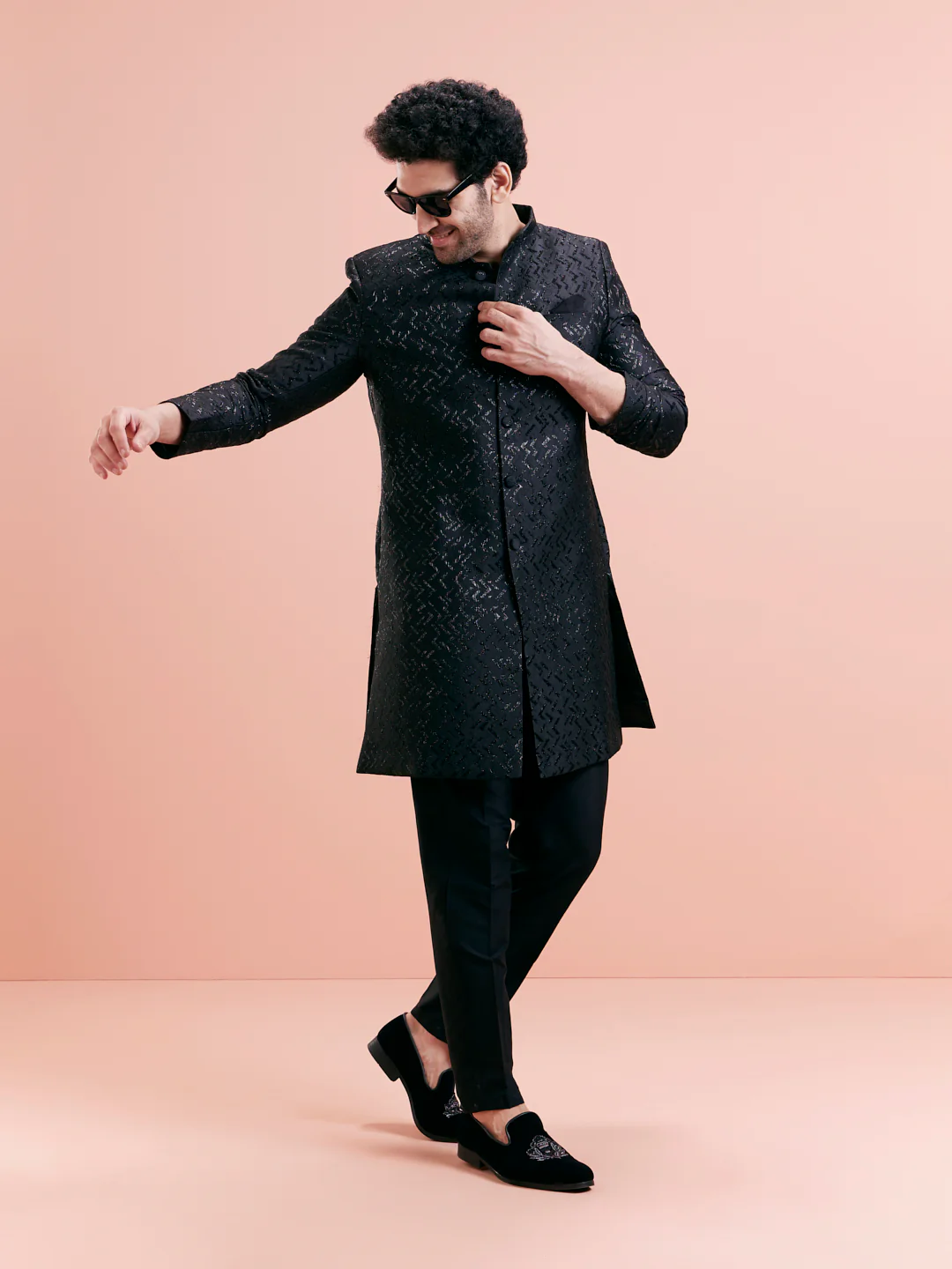 Black Jacquard Textured Sherwani Trouser Set