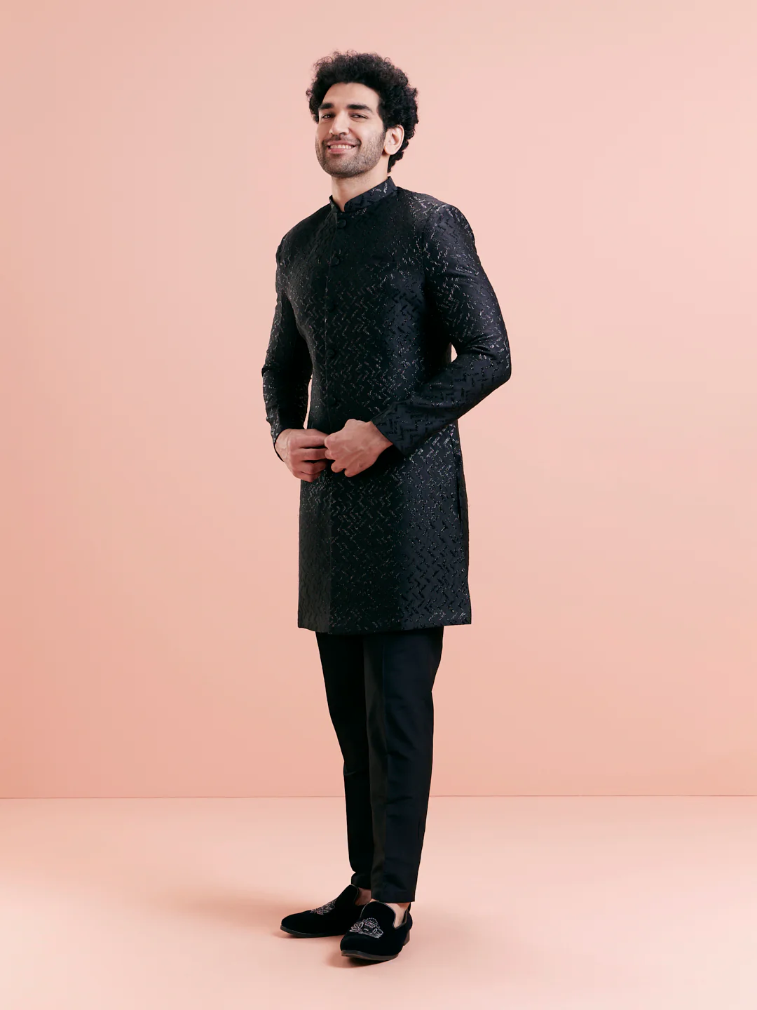 Black Jacquard Textured Sherwani Trouser Set - Image 3