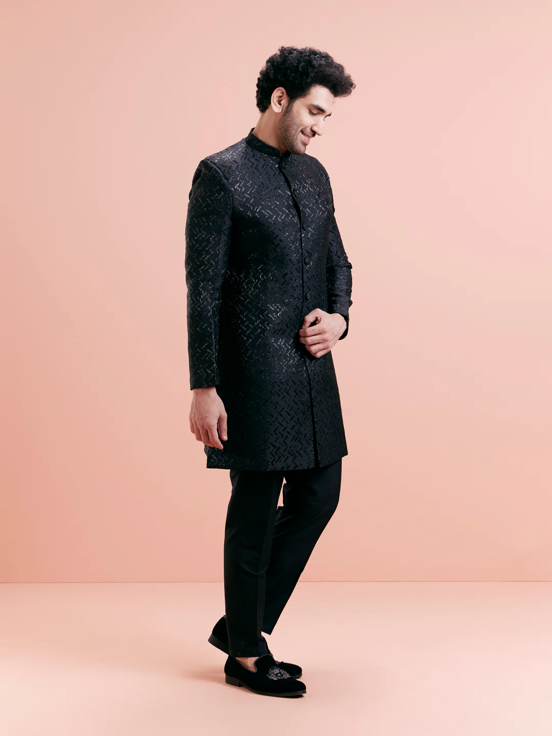 Black Jacquard Textured Sherwani Trouser Set - Image 4