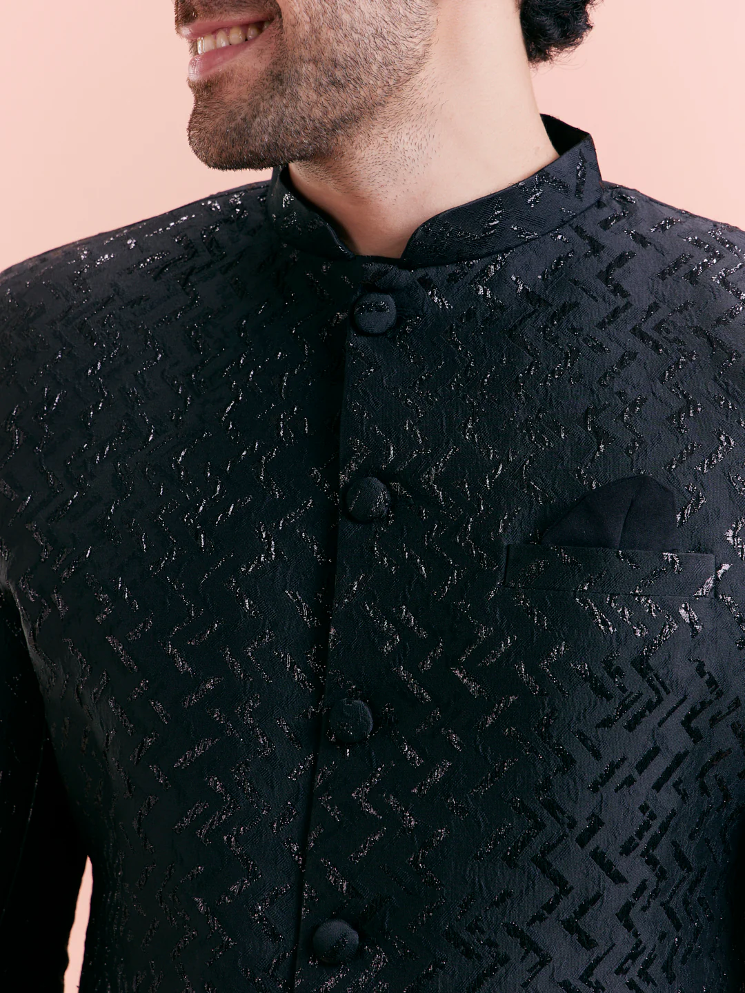 Black Jacquard Textured Sherwani Trouser Set - Image 6