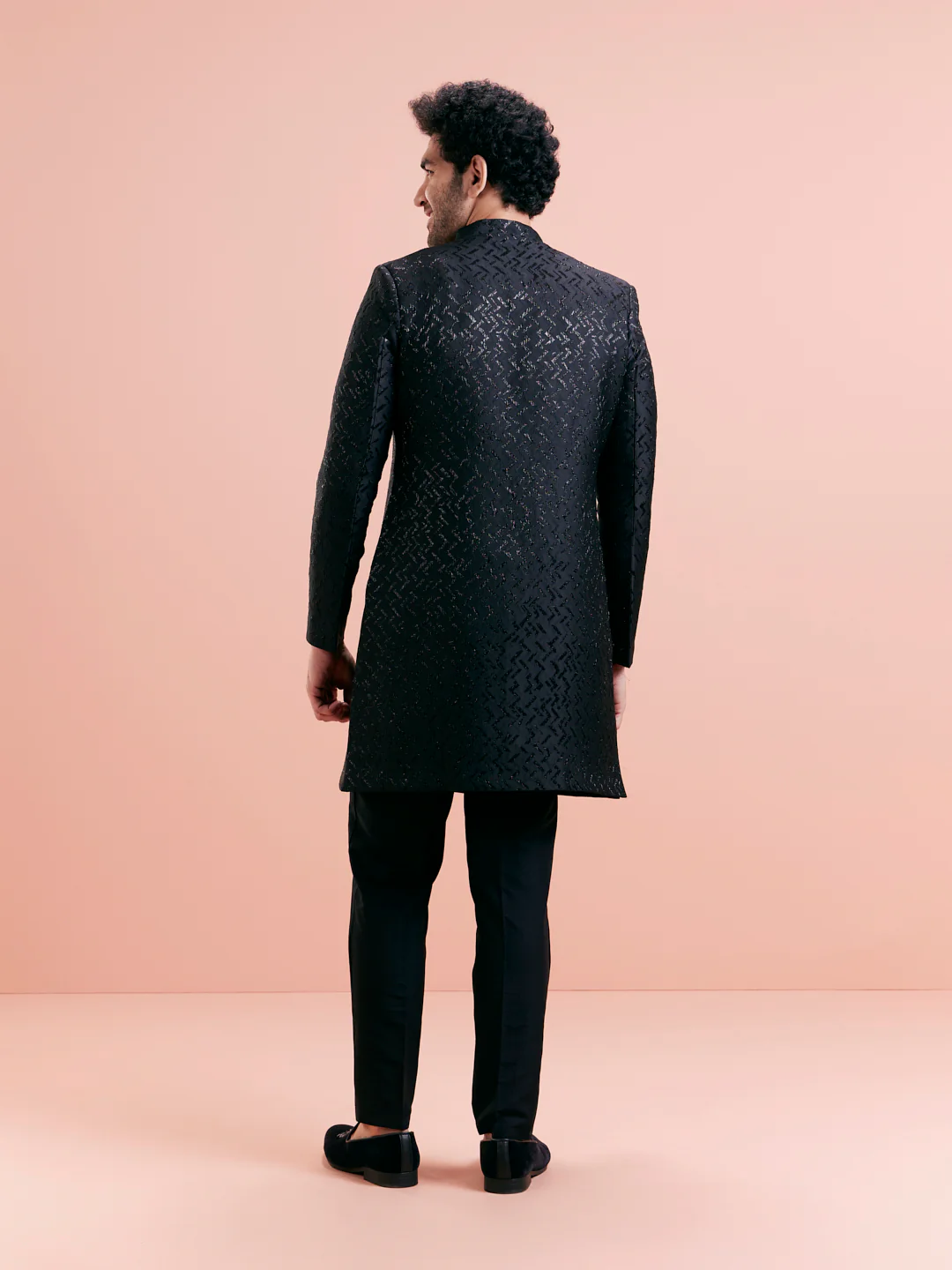 Black Jacquard Textured Sherwani Trouser Set - Image 7