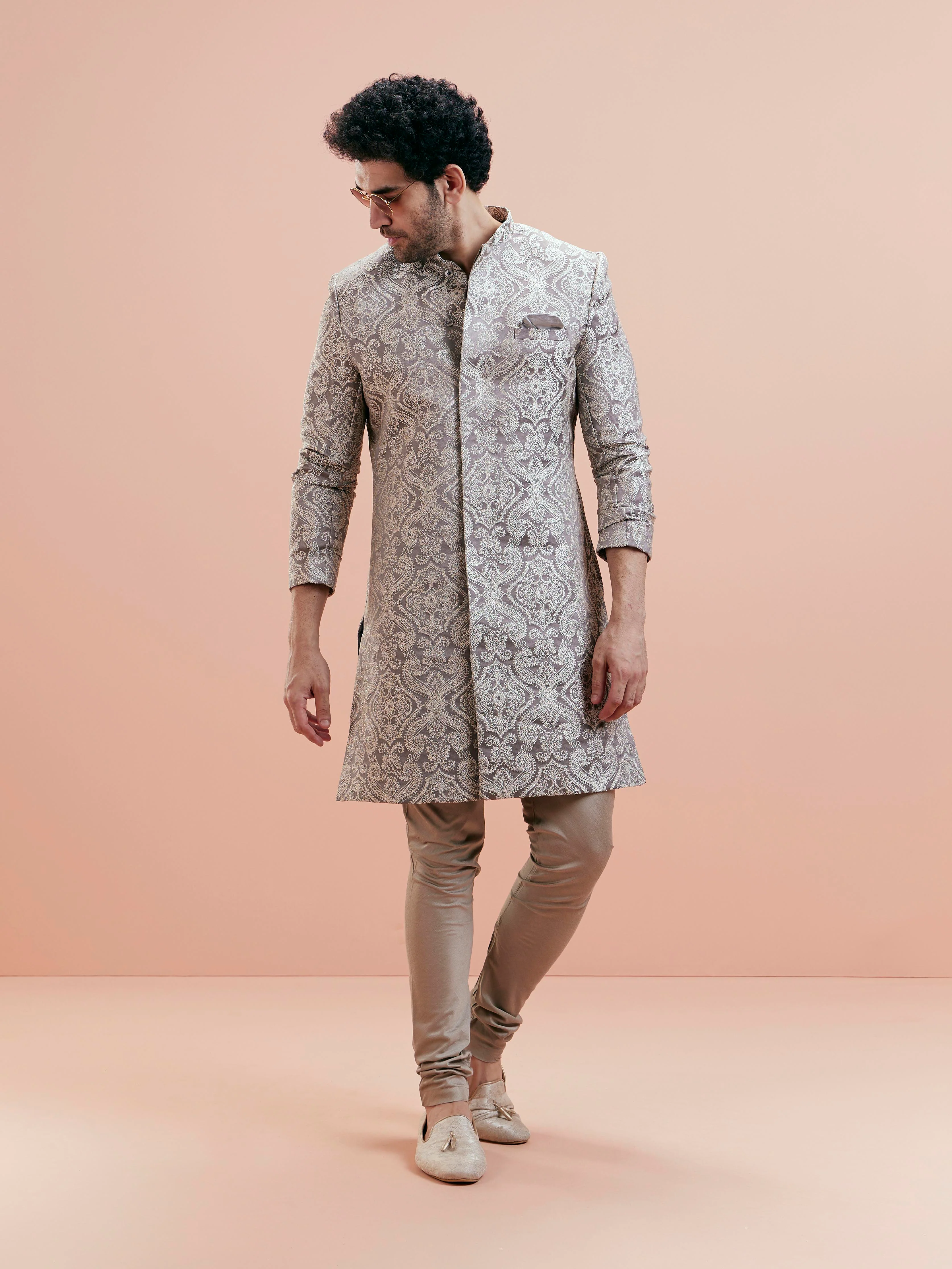 Grey Silk Blend Textured Sherwani Churidar Set