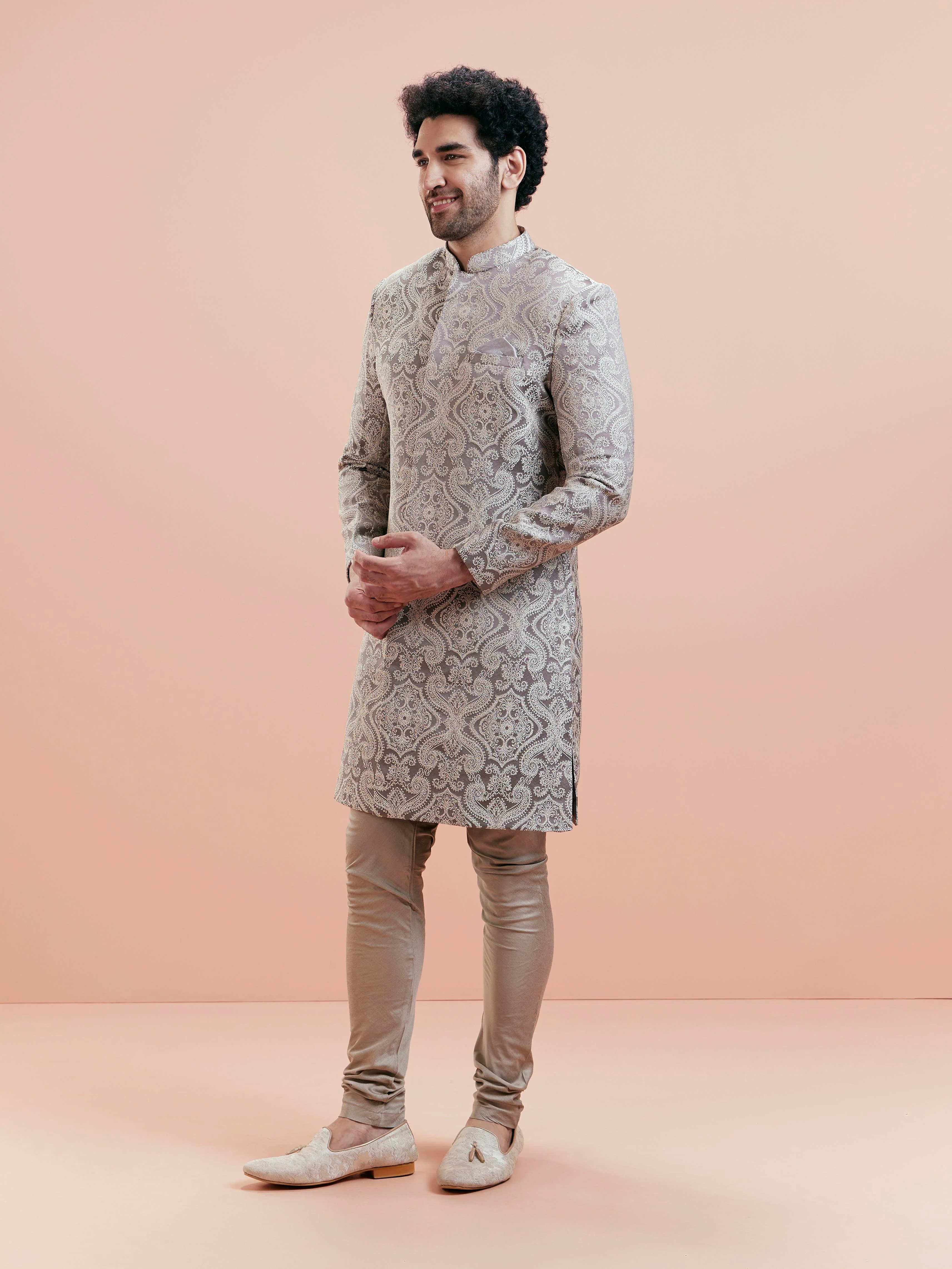 Grey Silk Blend Textured Sherwani Churidar Set - Image 3