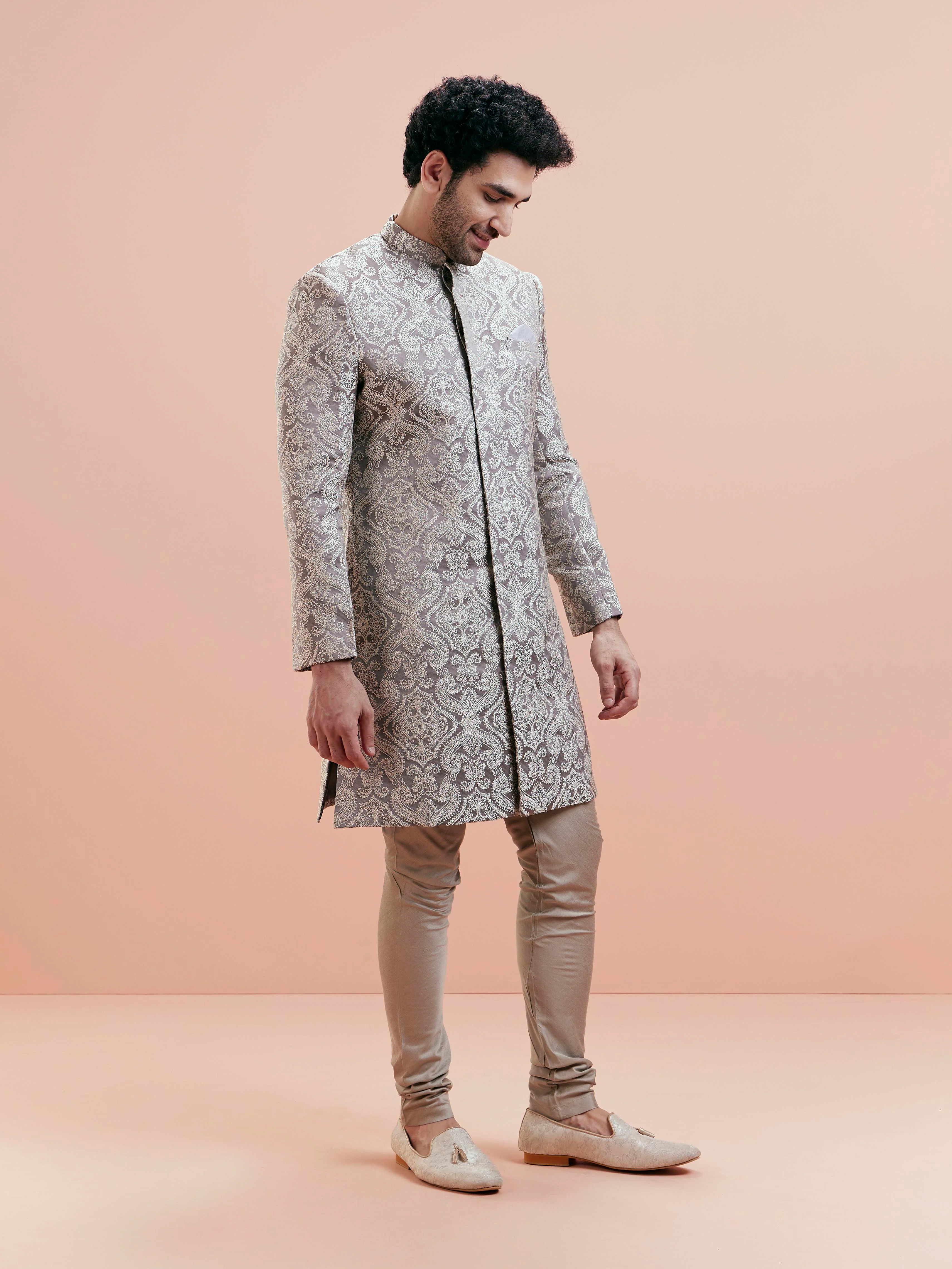Grey Silk Blend Textured Sherwani Churidar Set - Image 4