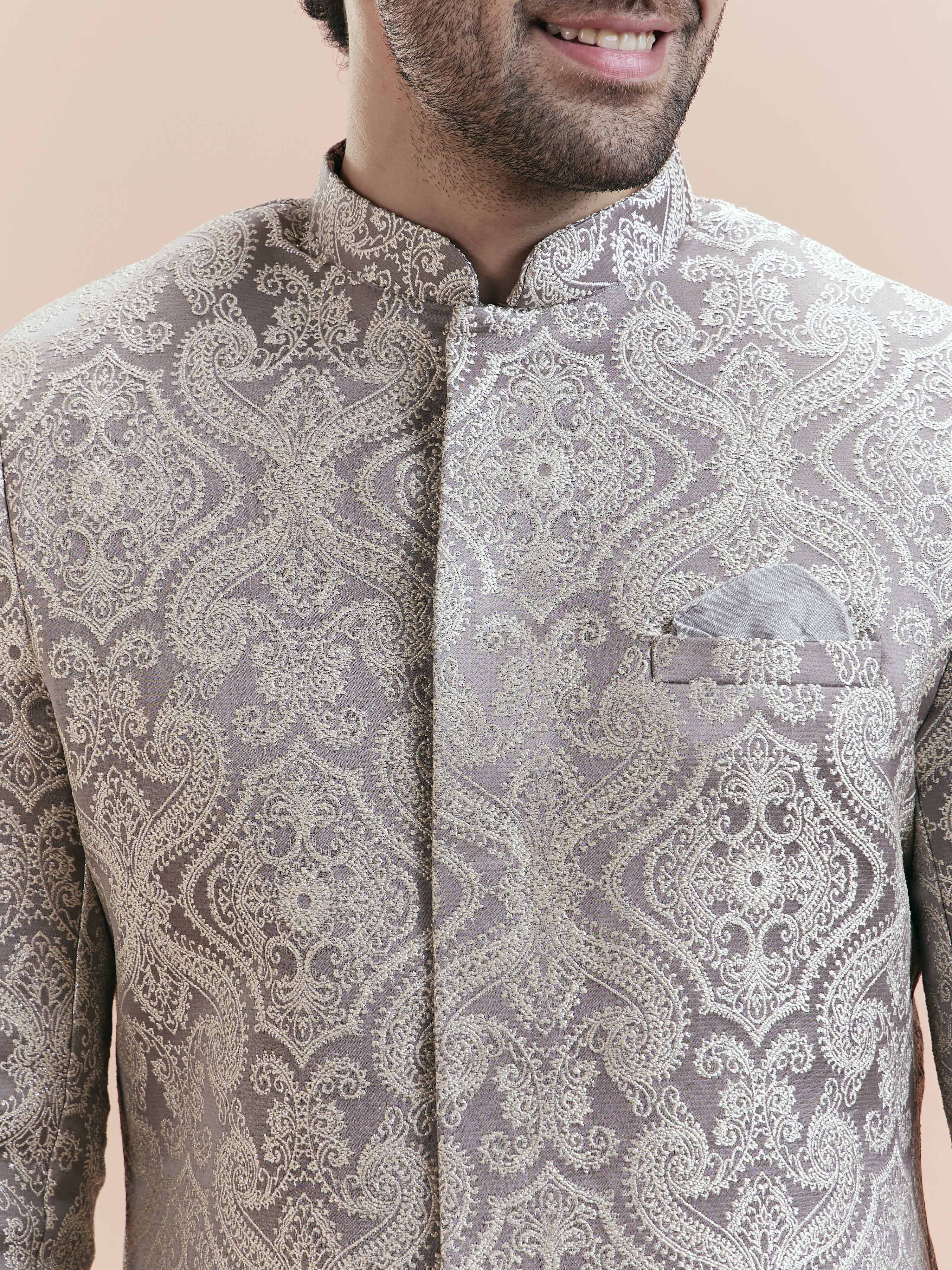 Grey Silk Blend Textured Sherwani Churidar Set - Image 6