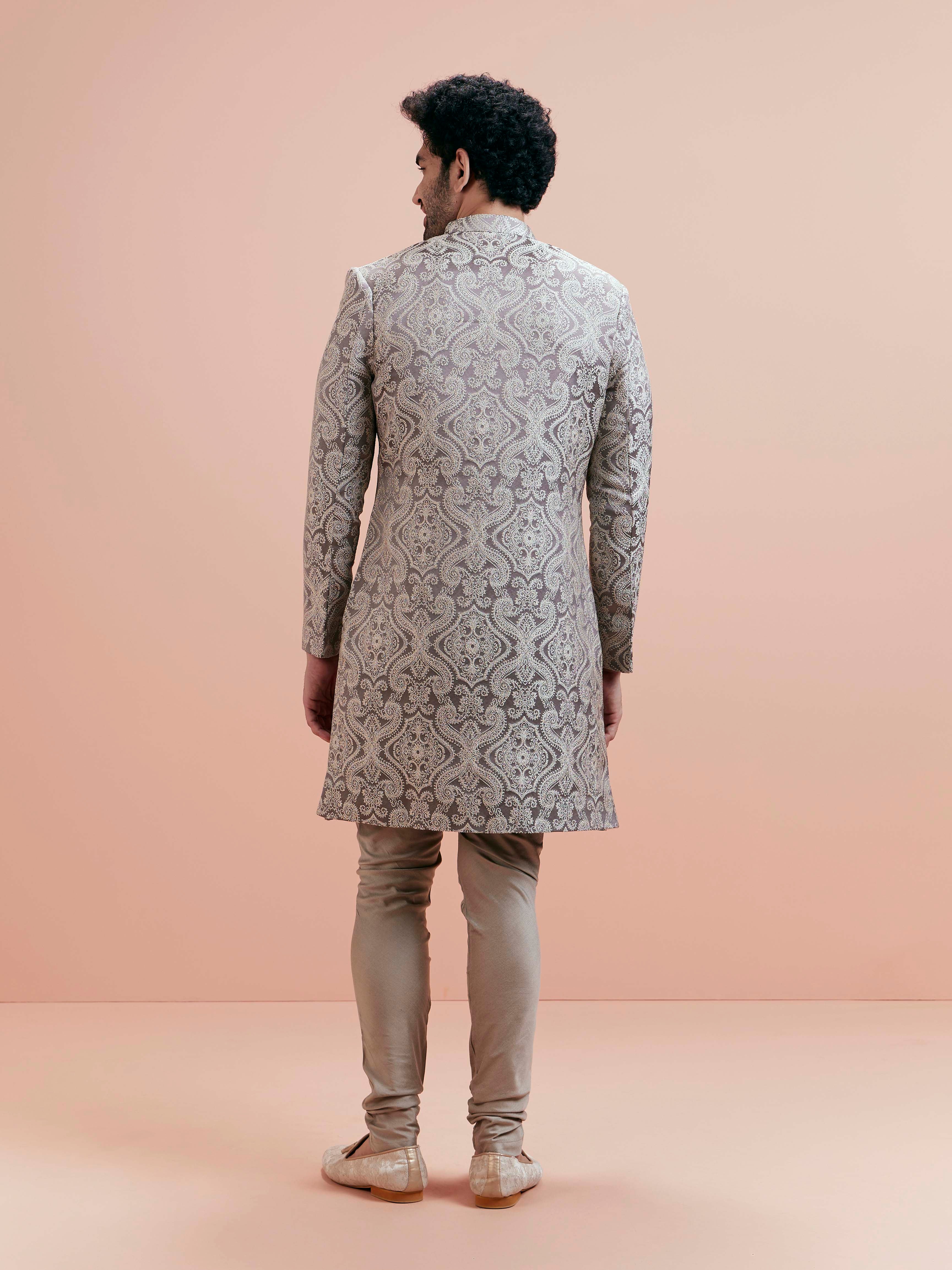 Grey Silk Blend Textured Sherwani Churidar Set - Image 7