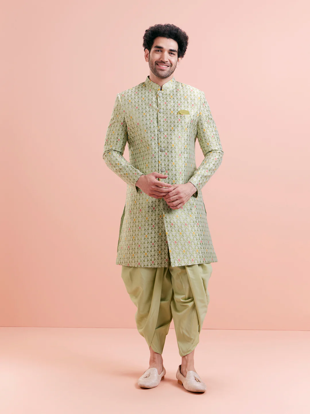 Green Silk Blend Textured Sherwani Dhoti Set