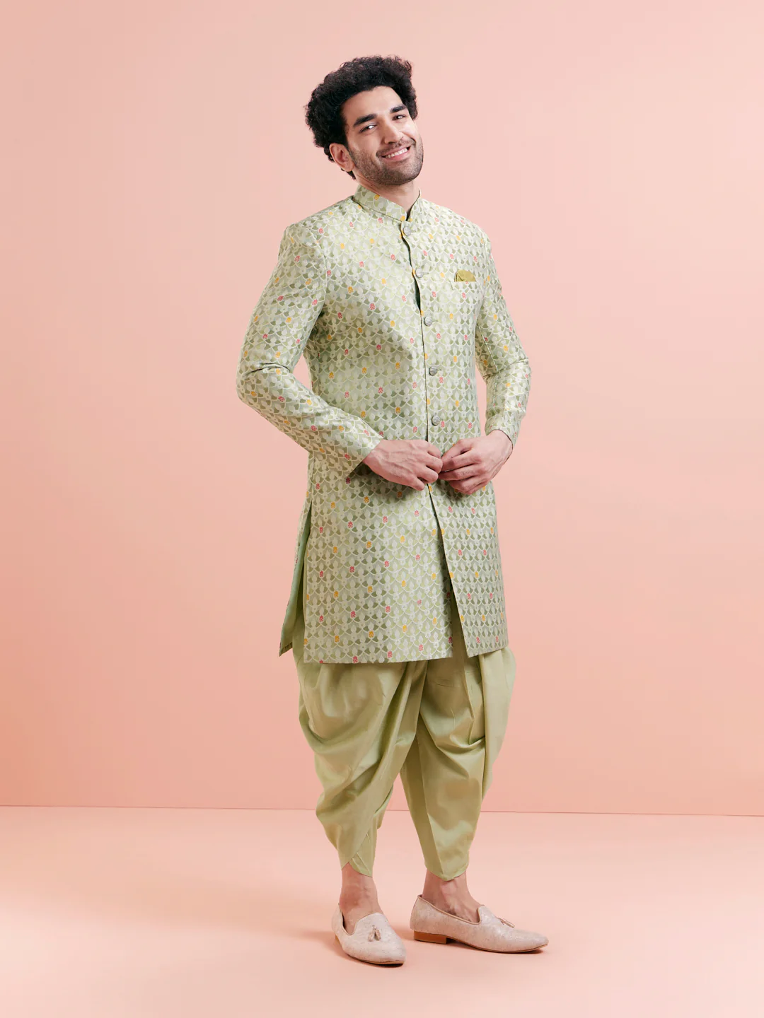 Green Silk Blend Textured Sherwani Dhoti Set - Image 3