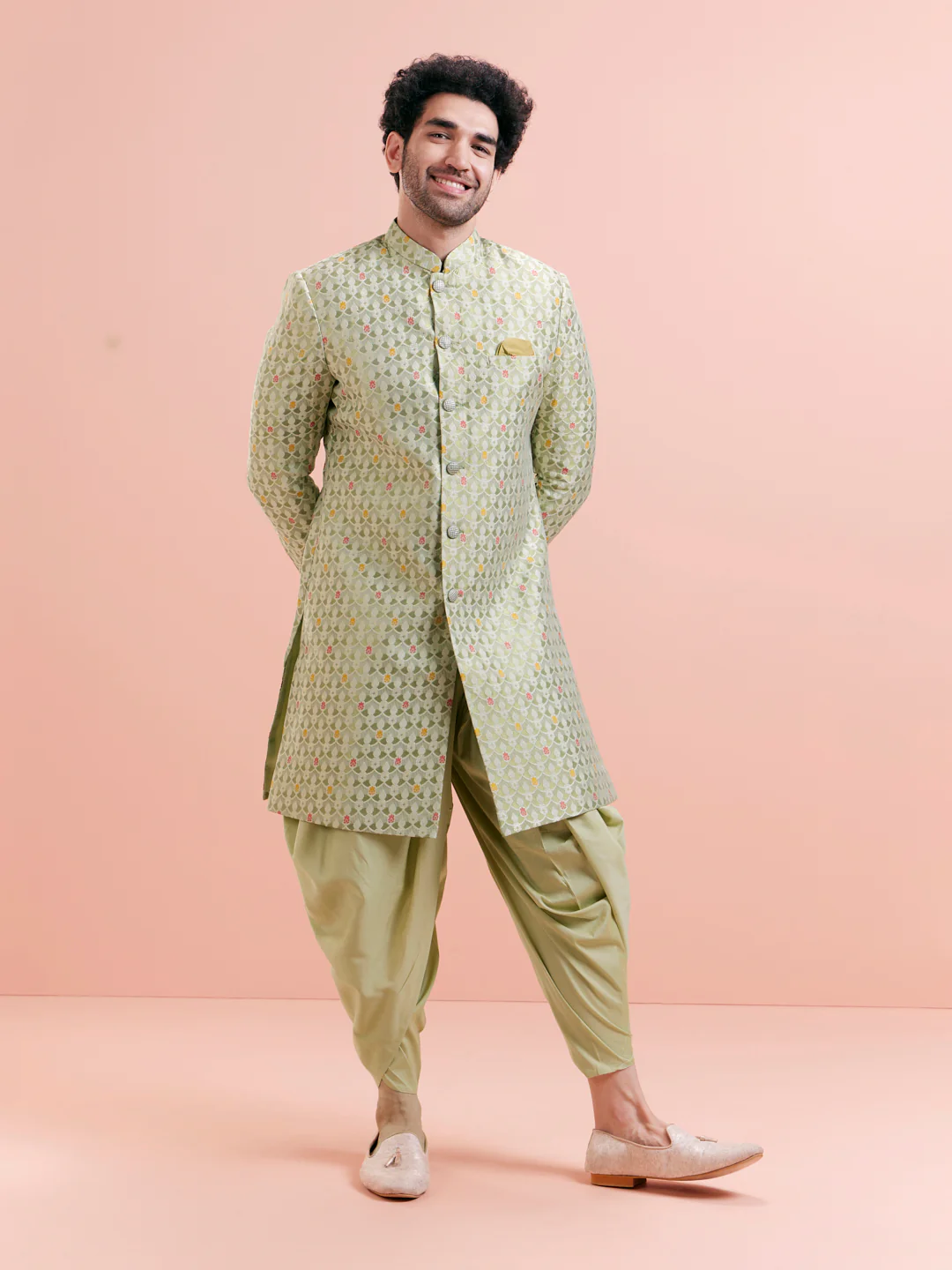 Green Silk Blend Textured Sherwani Dhoti Set - Image 4