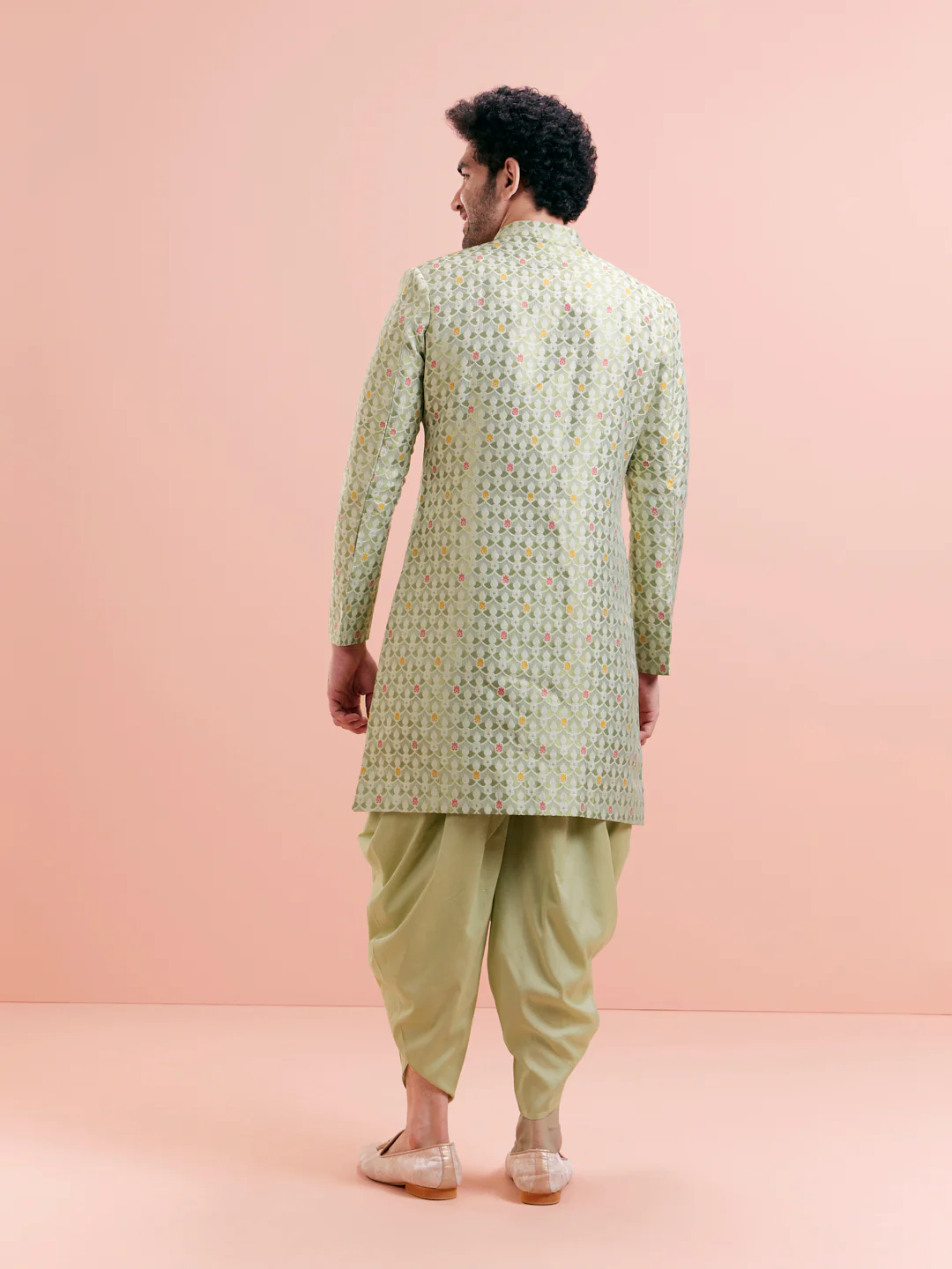 Green Silk Blend Textured Sherwani Dhoti Set - Image 7