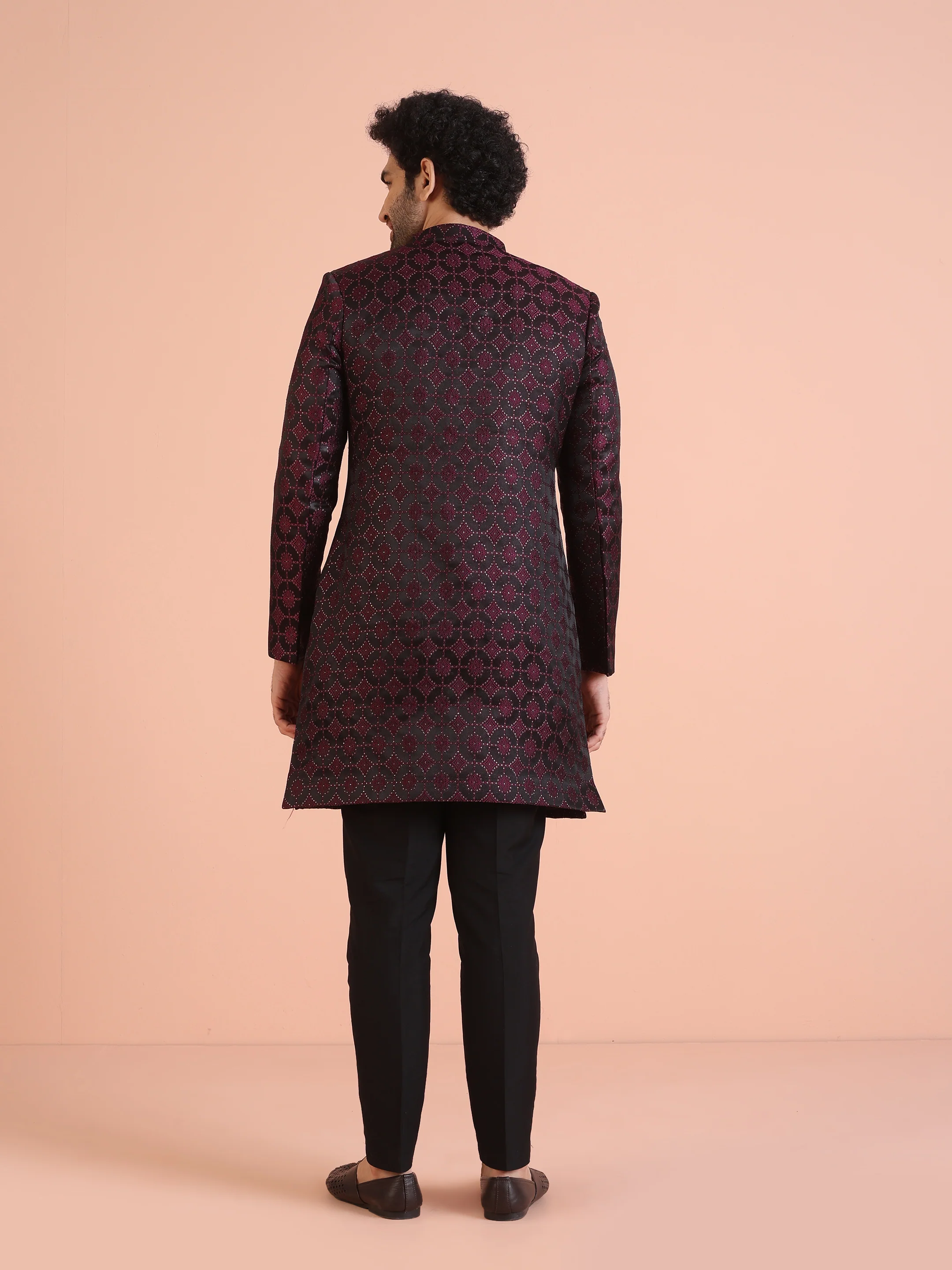 Men Purple Woven Design Indowestern Trouser Set - Image 4