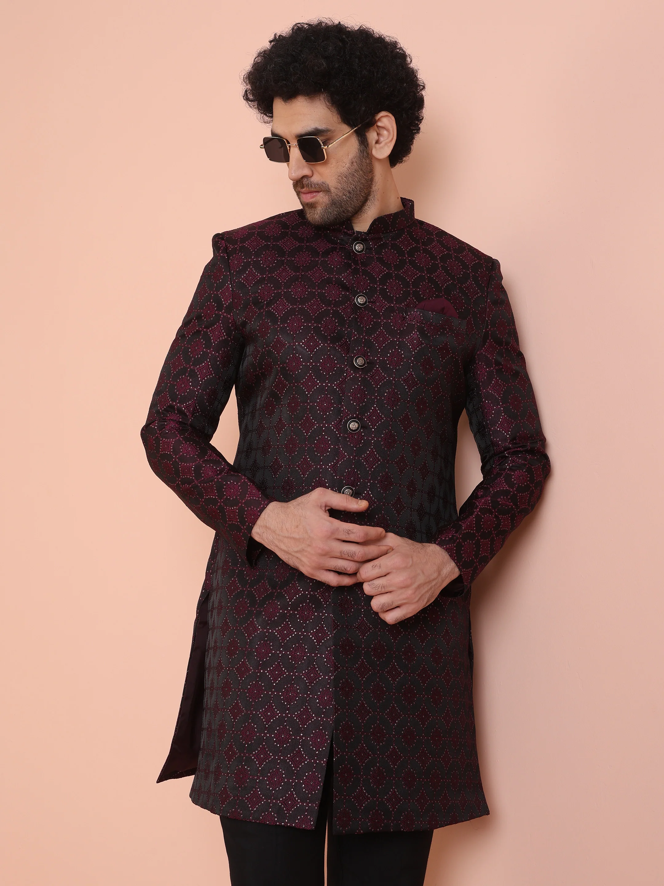 Men Purple Woven Design Indowestern Trouser Set - Image 7