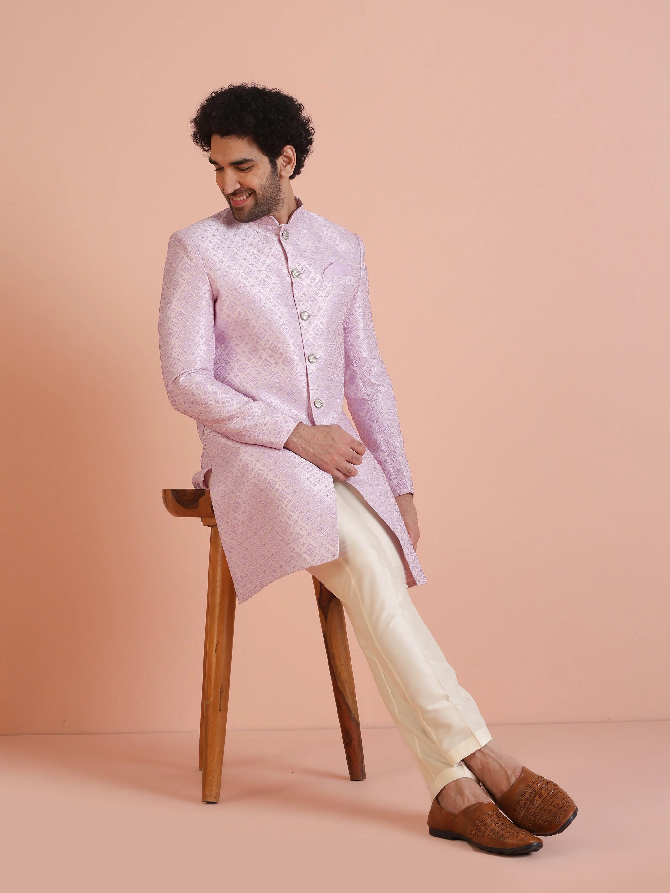Men Lilac Woven Design Indowestern Trouser Set