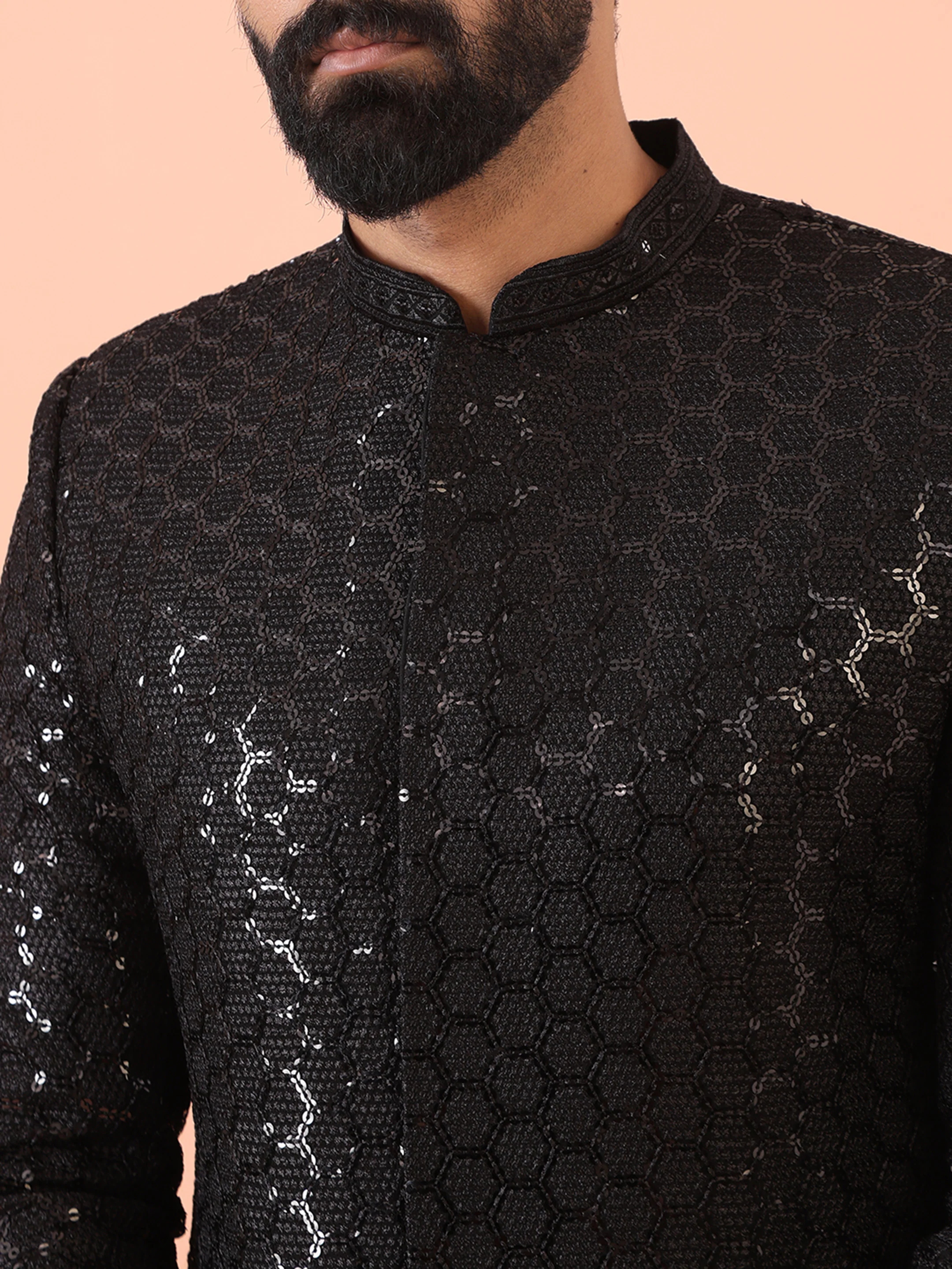 Men Black Embellished Indowestern Trouser Set with Sequinned - Image 5