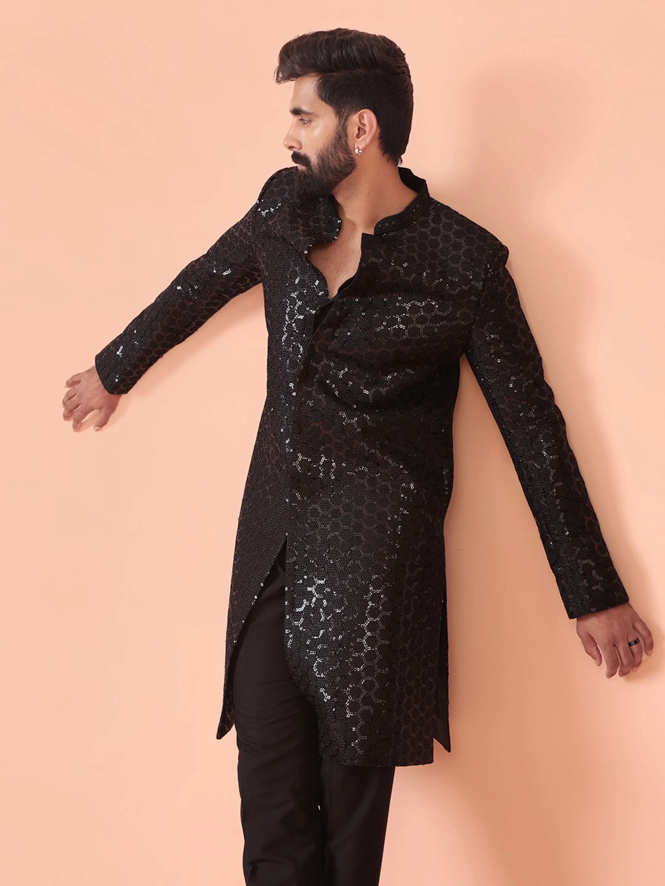 Men Black Embellished Indowestern Trouser Set with Sequinned - Image 7