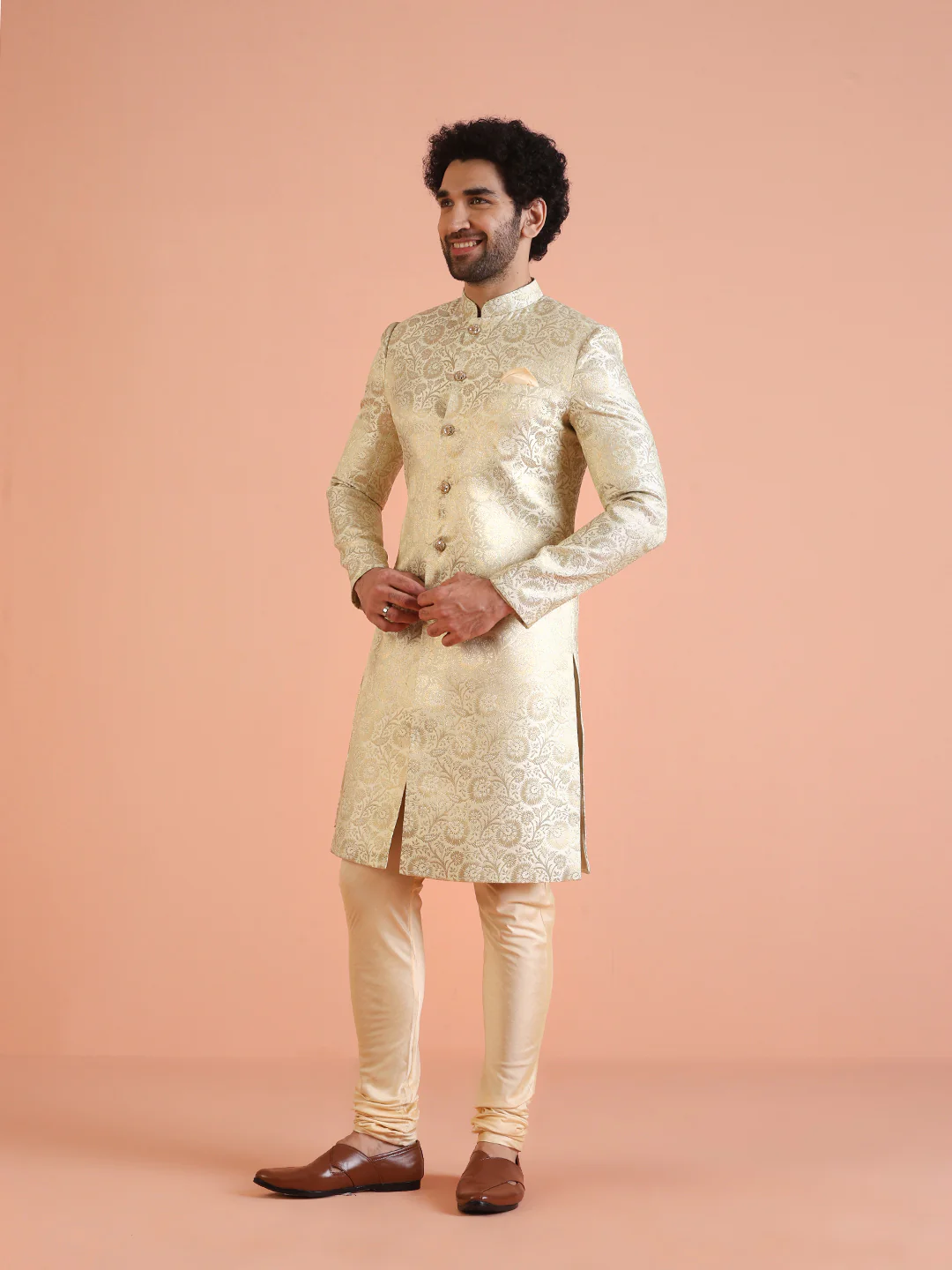 Men Cream Jacquard Floral Indowestern Churidar Set - Image 3