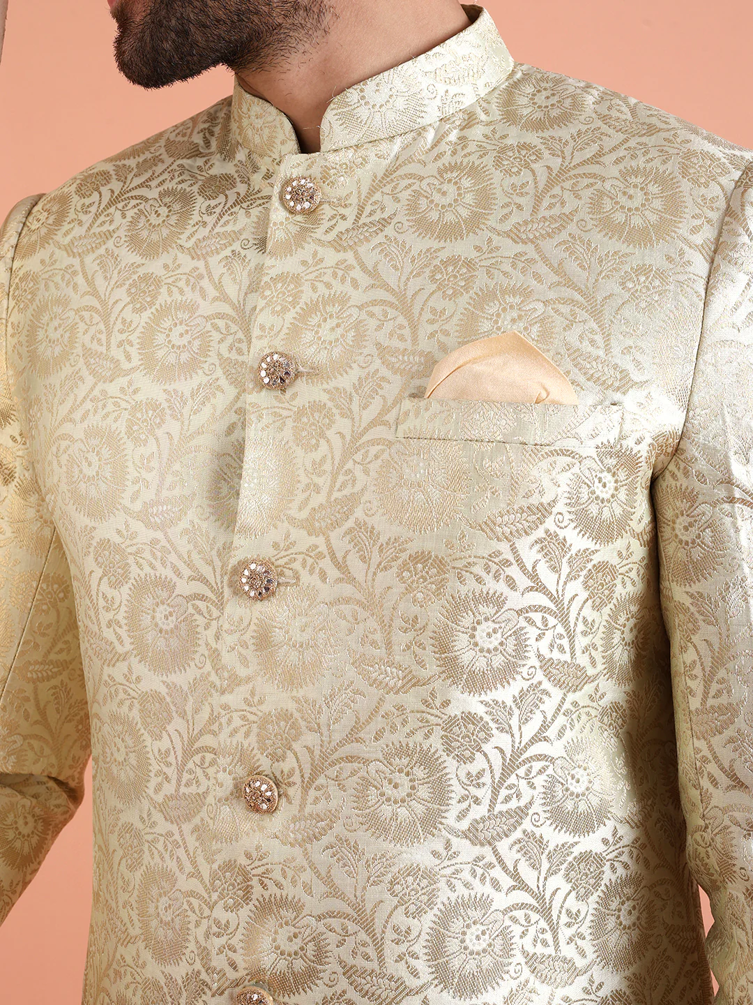 Men Cream Jacquard Floral Indowestern Churidar Set - Image 5