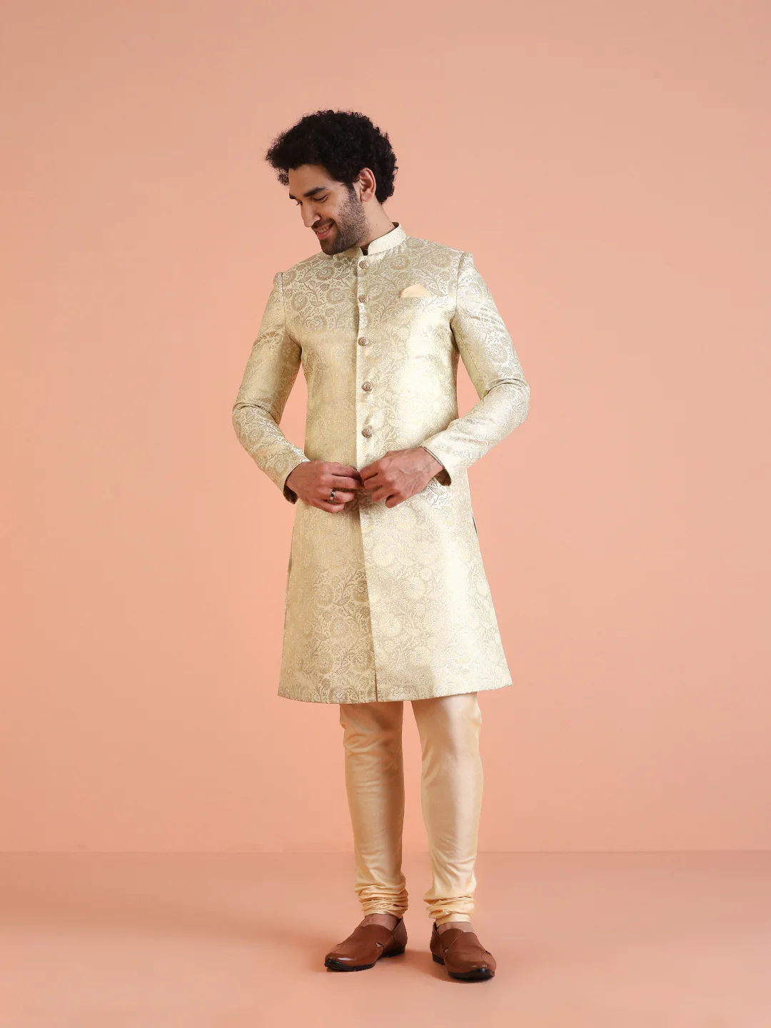 Men Cream Jacquard Floral Indowestern Churidar Set - Image 8
