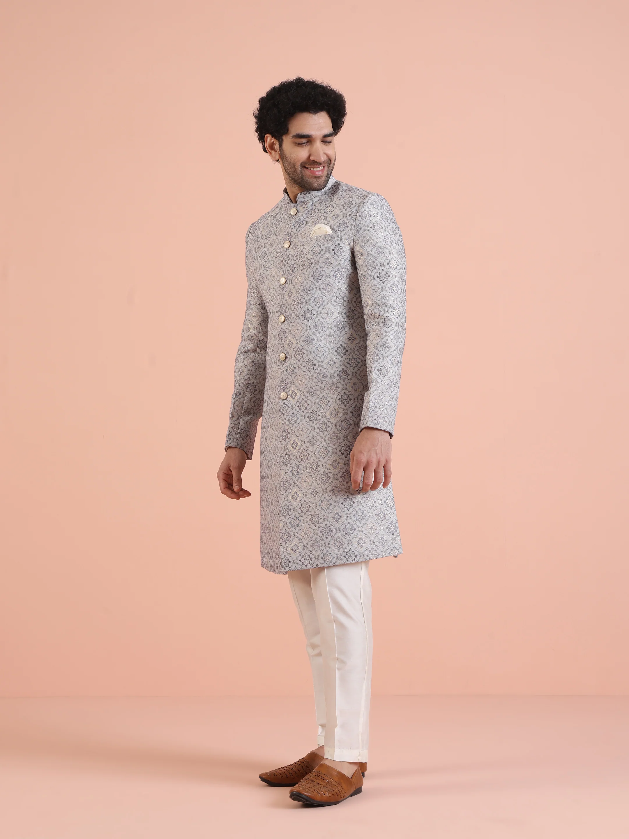 Men Grey Jacquard Indowestern Trouser Set with Geometric - Image 3