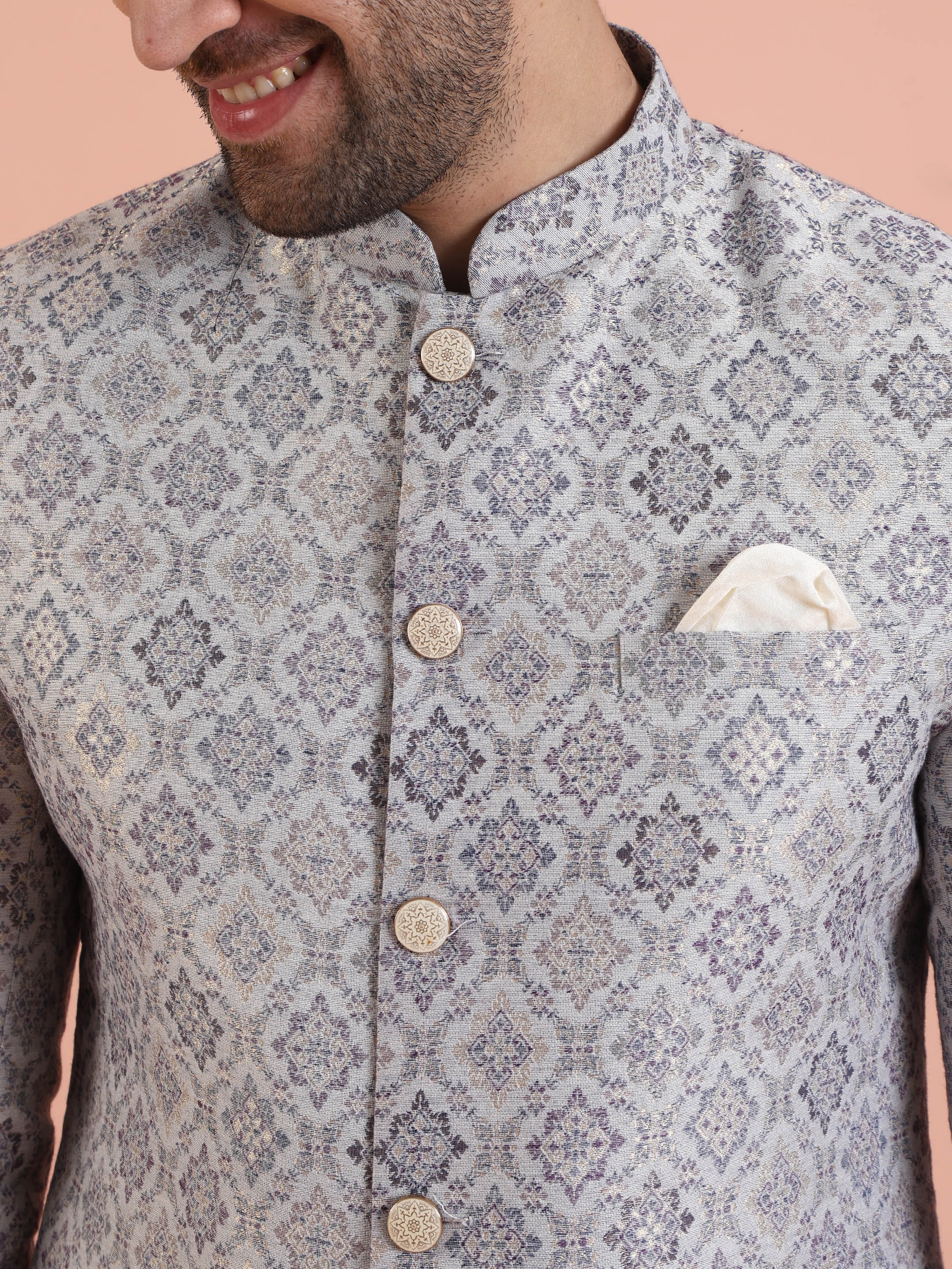 Men Grey Jacquard Indowestern Trouser Set with Geometric - Image 5