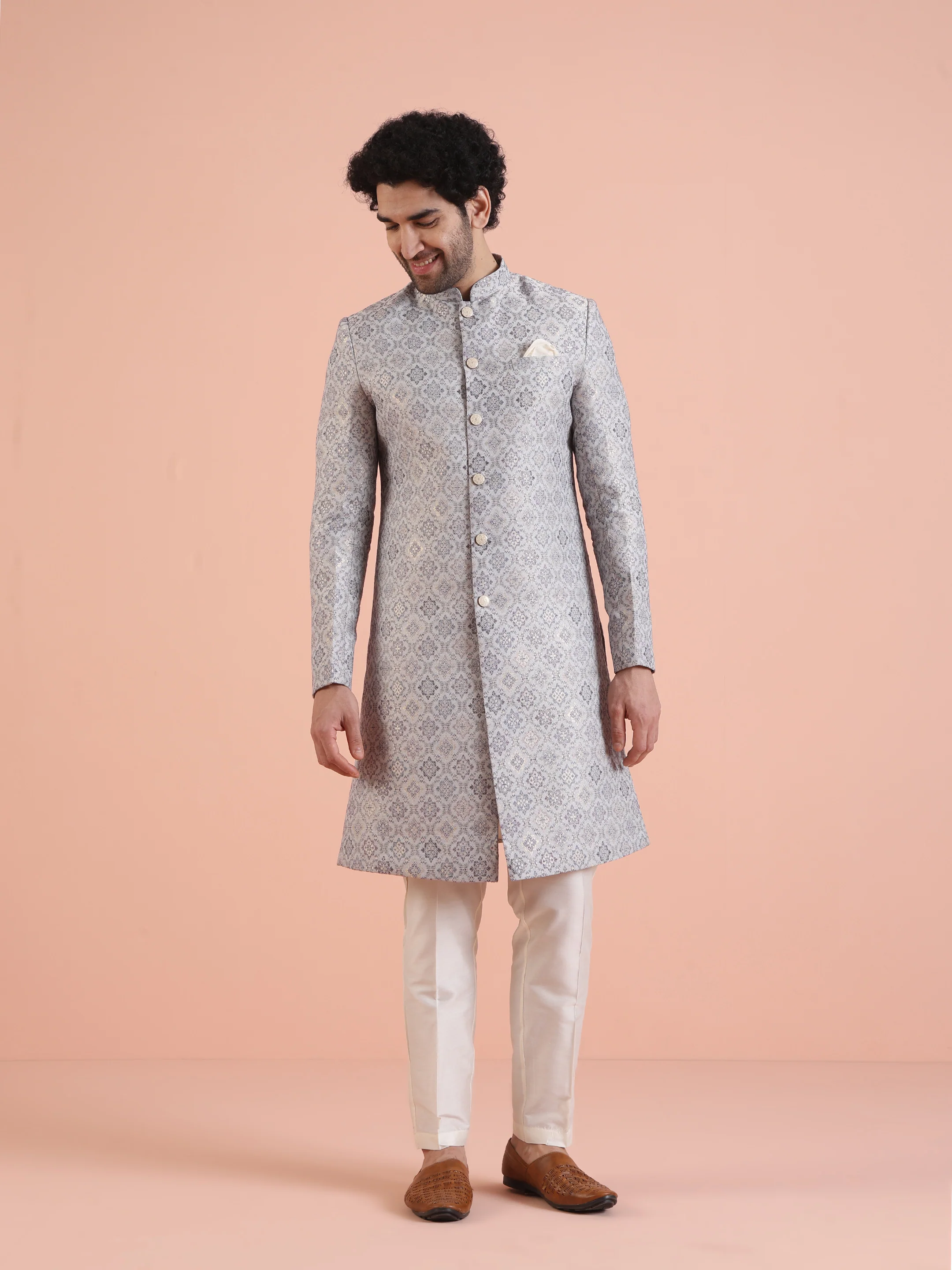 Men Grey Jacquard Indowestern Trouser Set with Geometric - Image 7