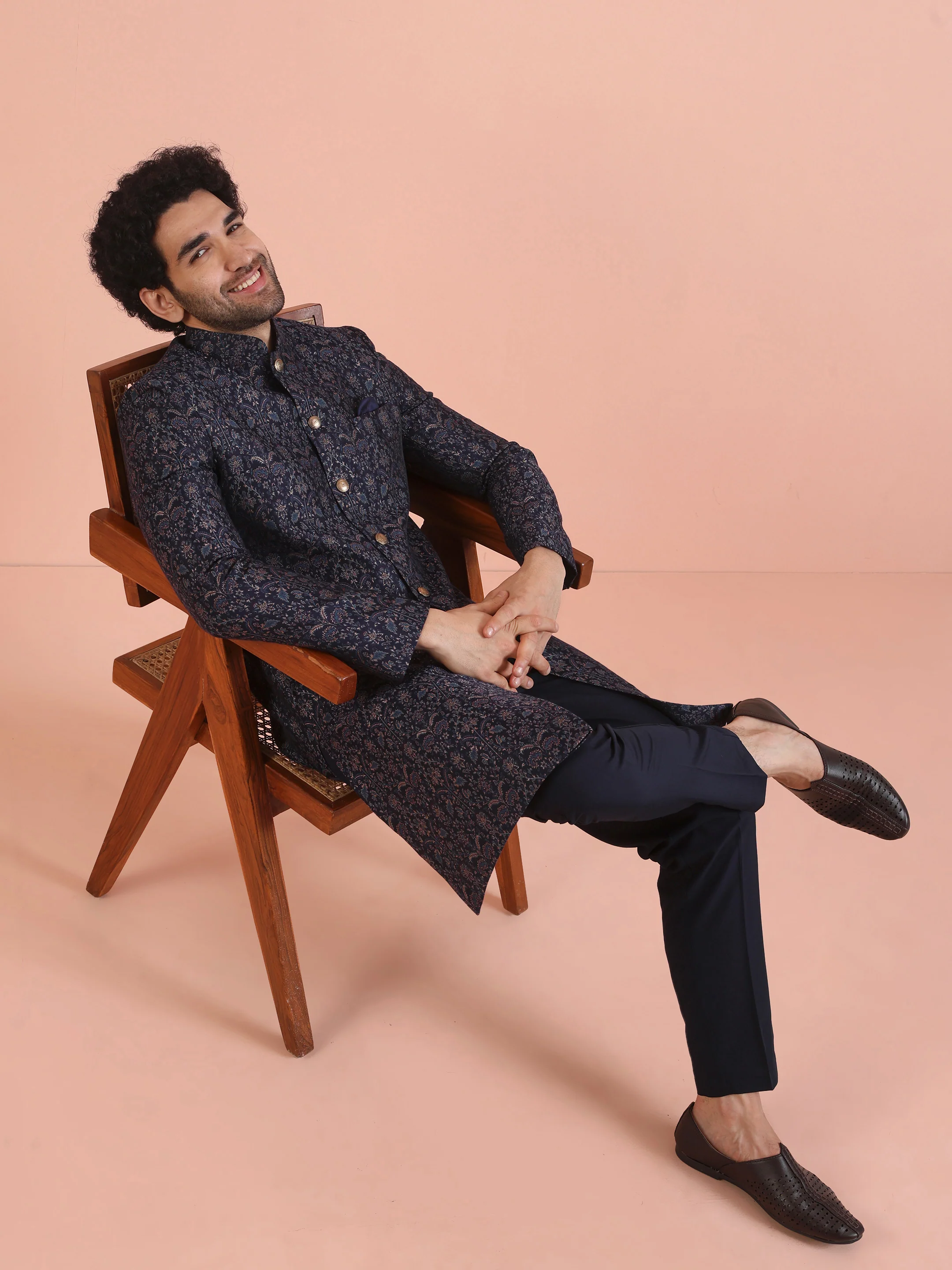 Men Navy Blue Jacquard Ethnic Motifs Indowestern Trouser Set