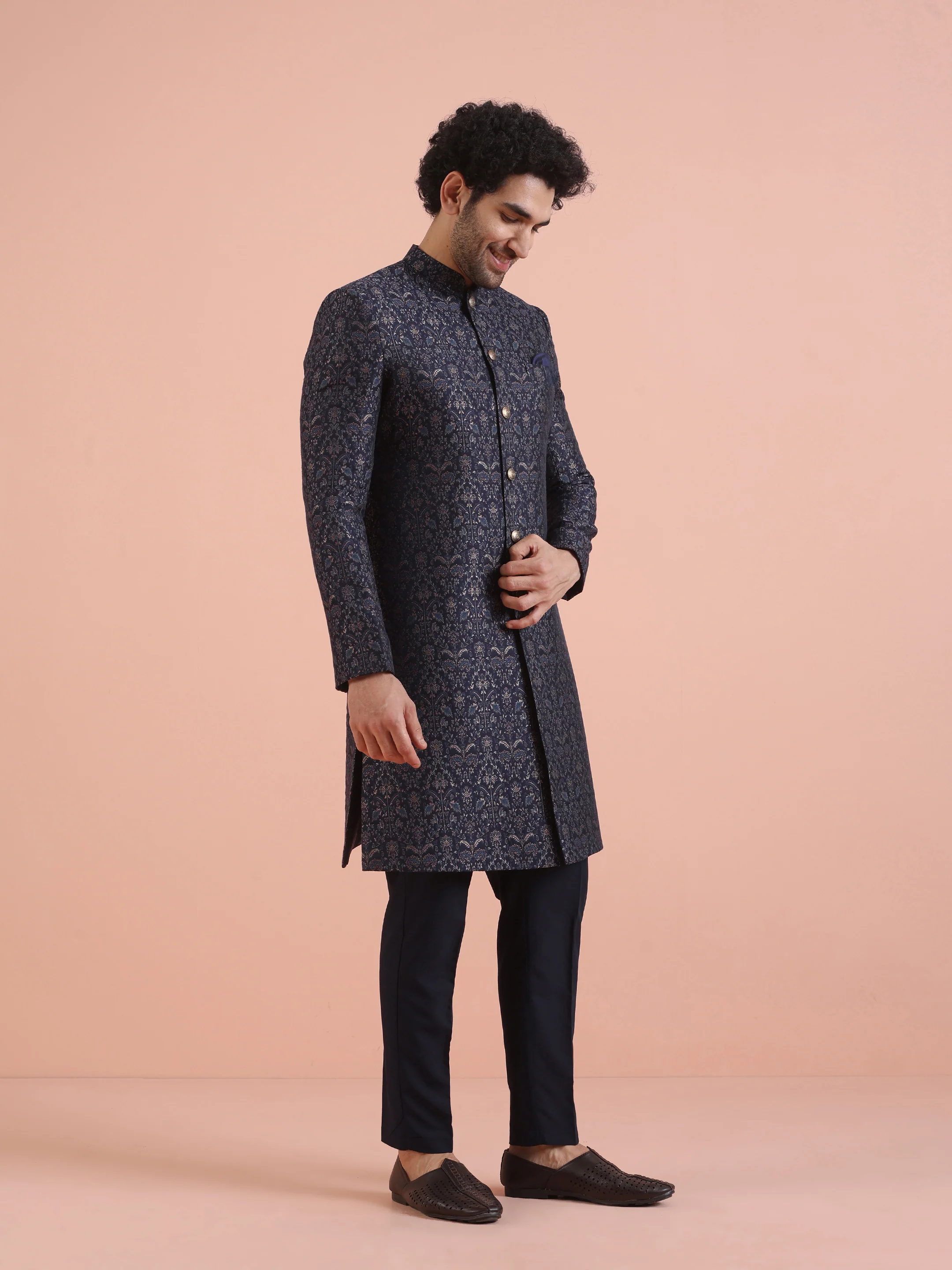 Men Navy Blue Jacquard Ethnic Motifs Indowestern Trouser Set - Image 2