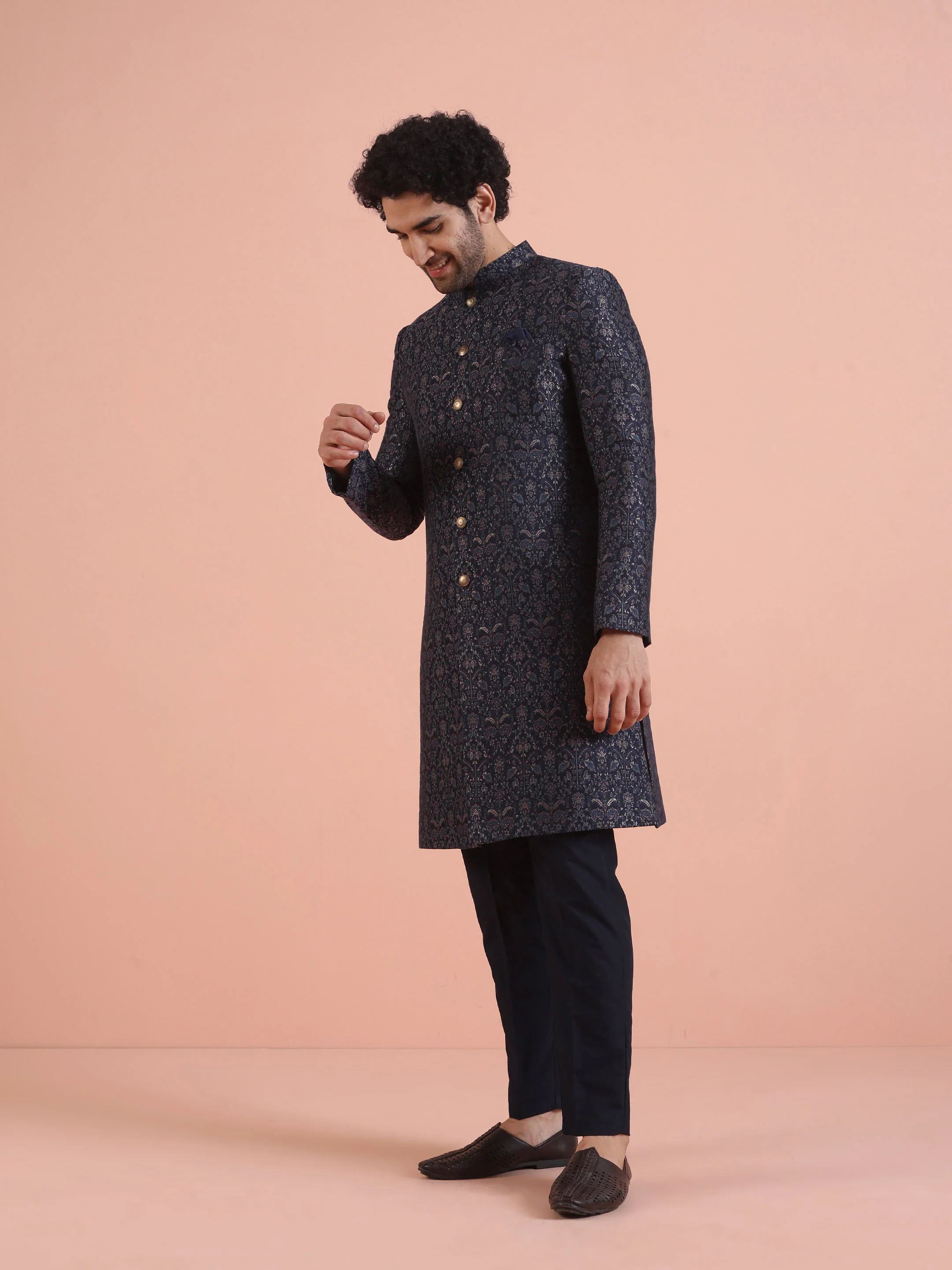 Men Navy Blue Jacquard Ethnic Motifs Indowestern Trouser Set - Image 3