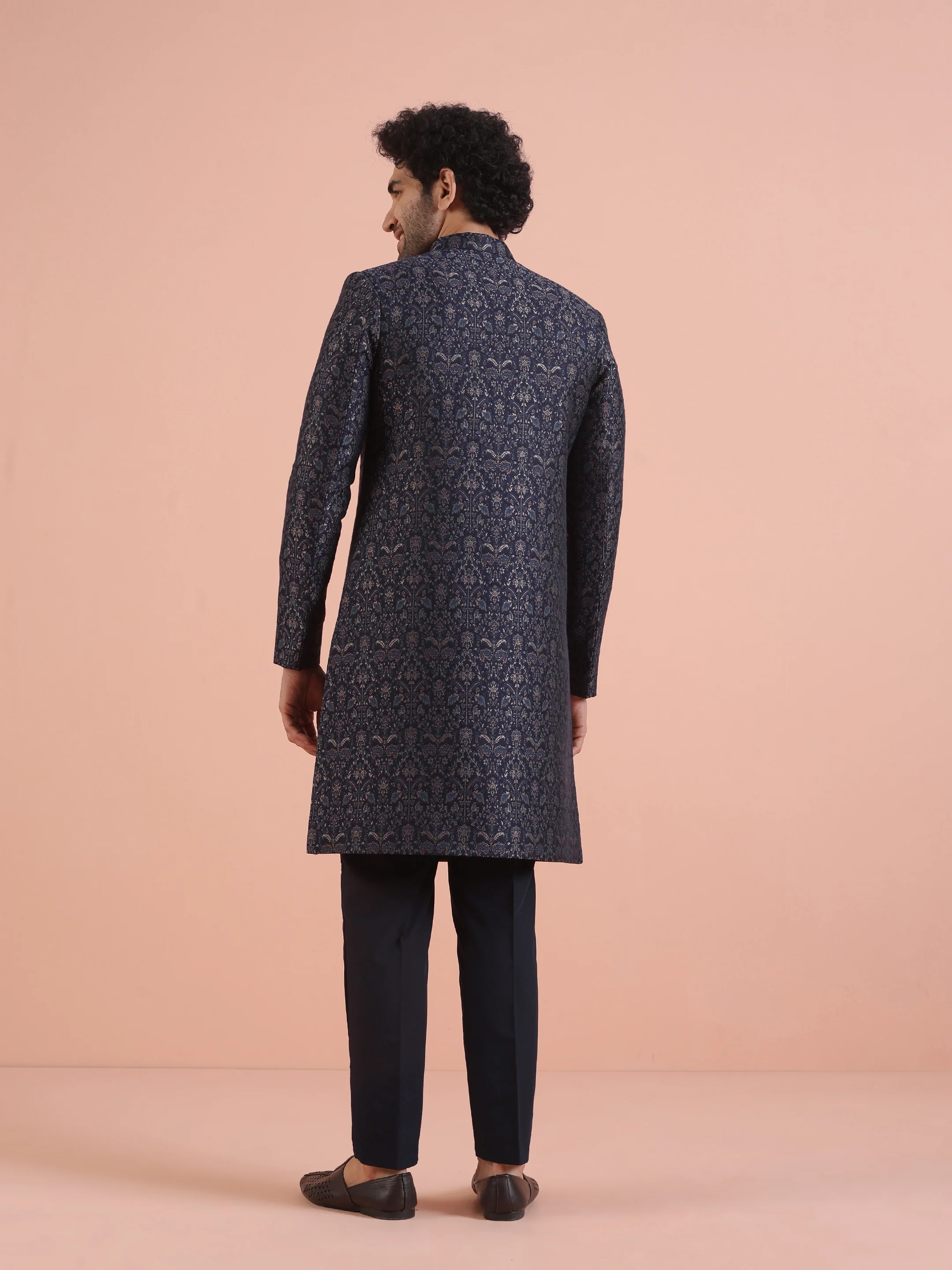 Men Navy Blue Jacquard Ethnic Motifs Indowestern Trouser Set - Image 4