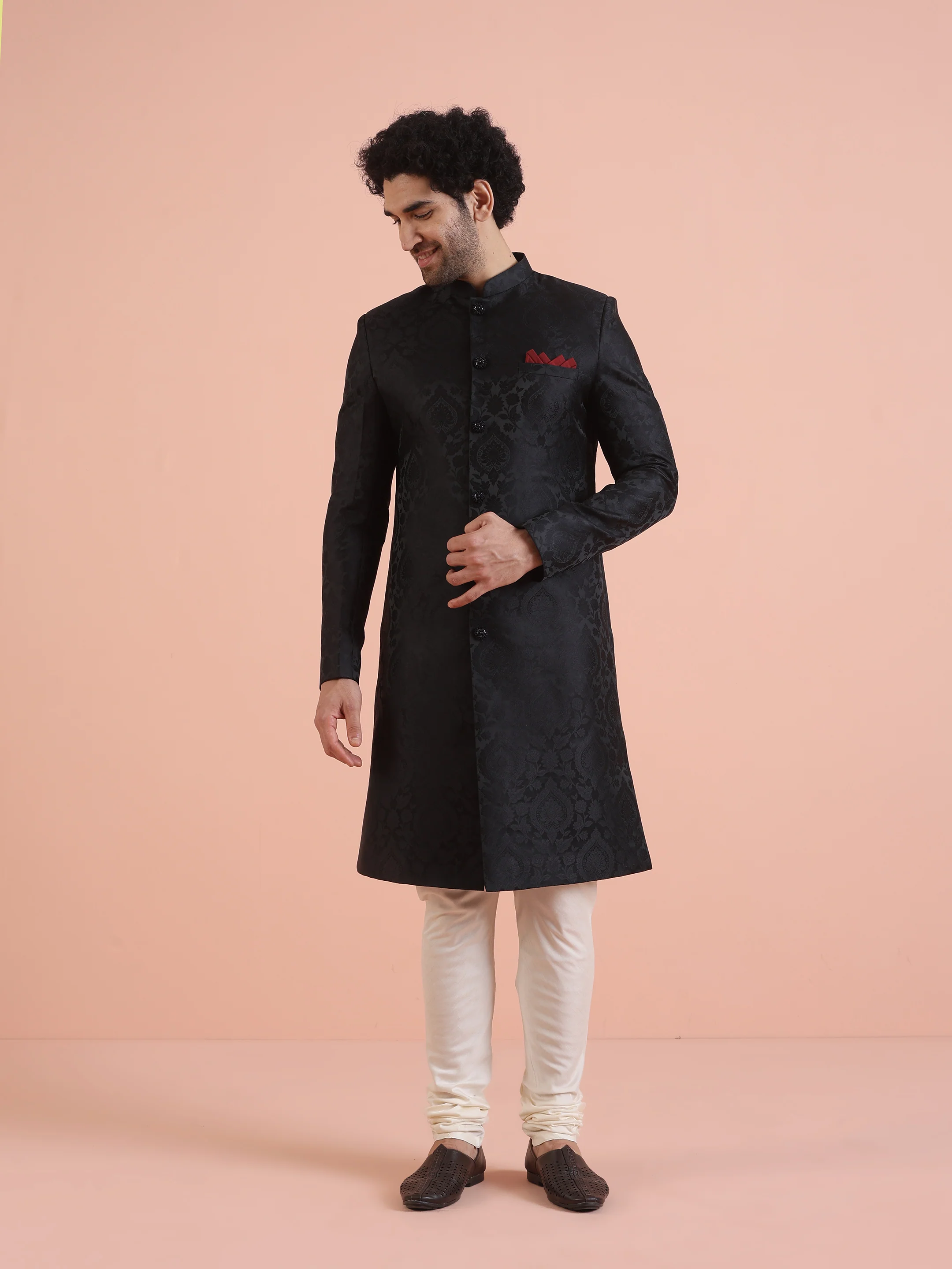 Men Black IndoWestern Churidar Set with Ethnic Motifs - Image 7