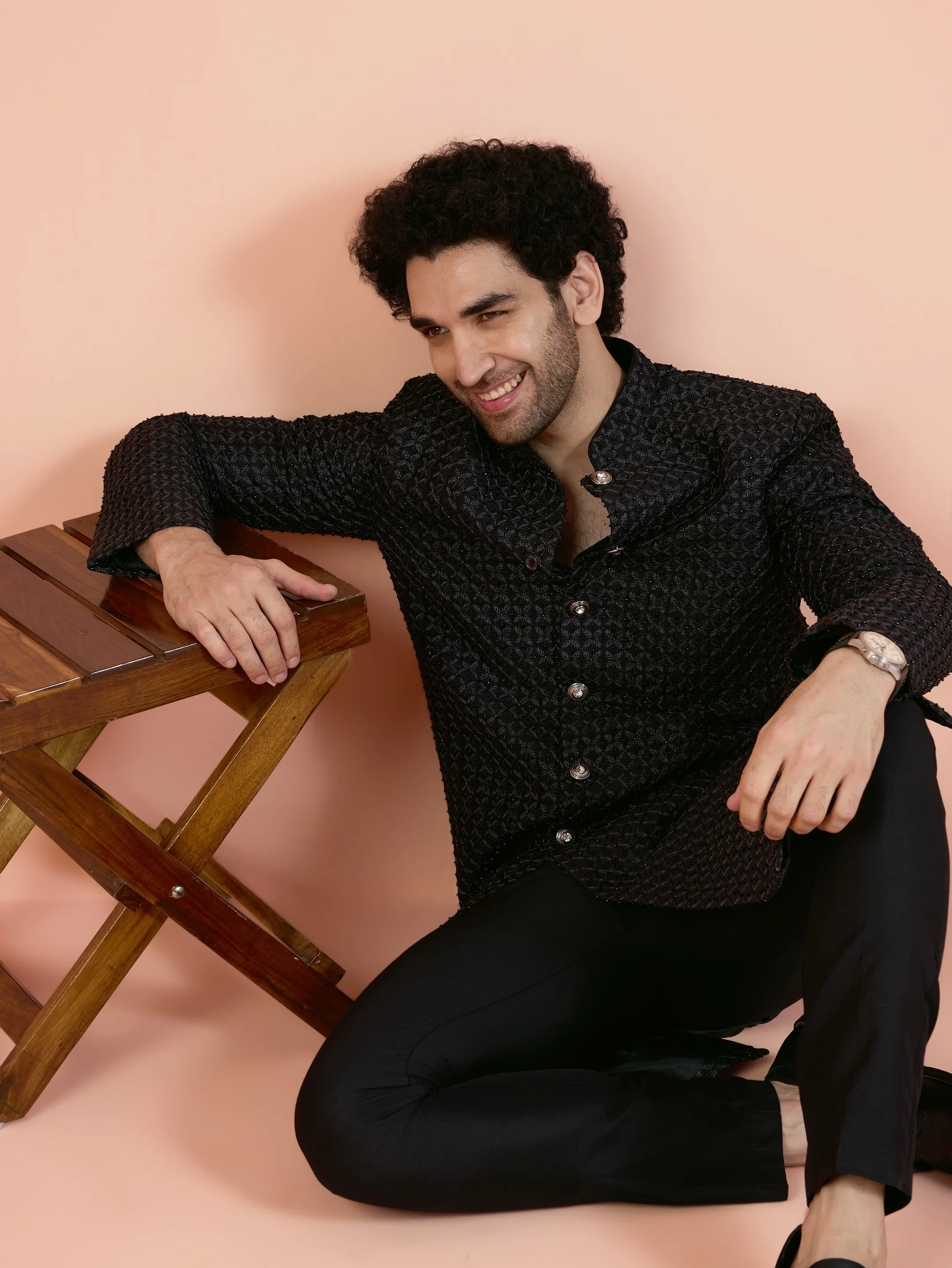 Men Black Cut-Dana Indowestern Trouser Set with Beads and stones - Image 7