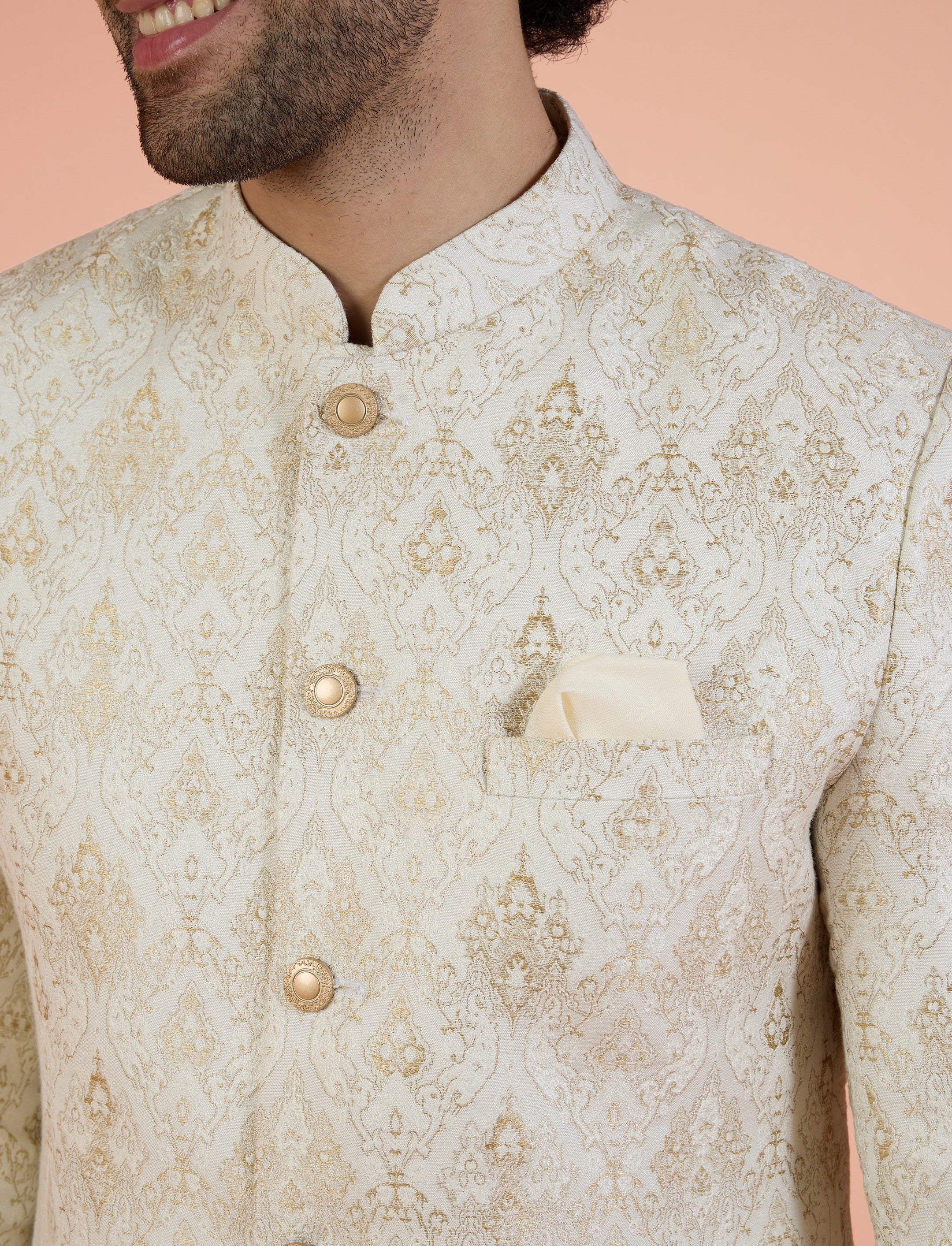 Men Off White Woven Design Indowestern Trouser Set with Ethnic Motifs - Image 6